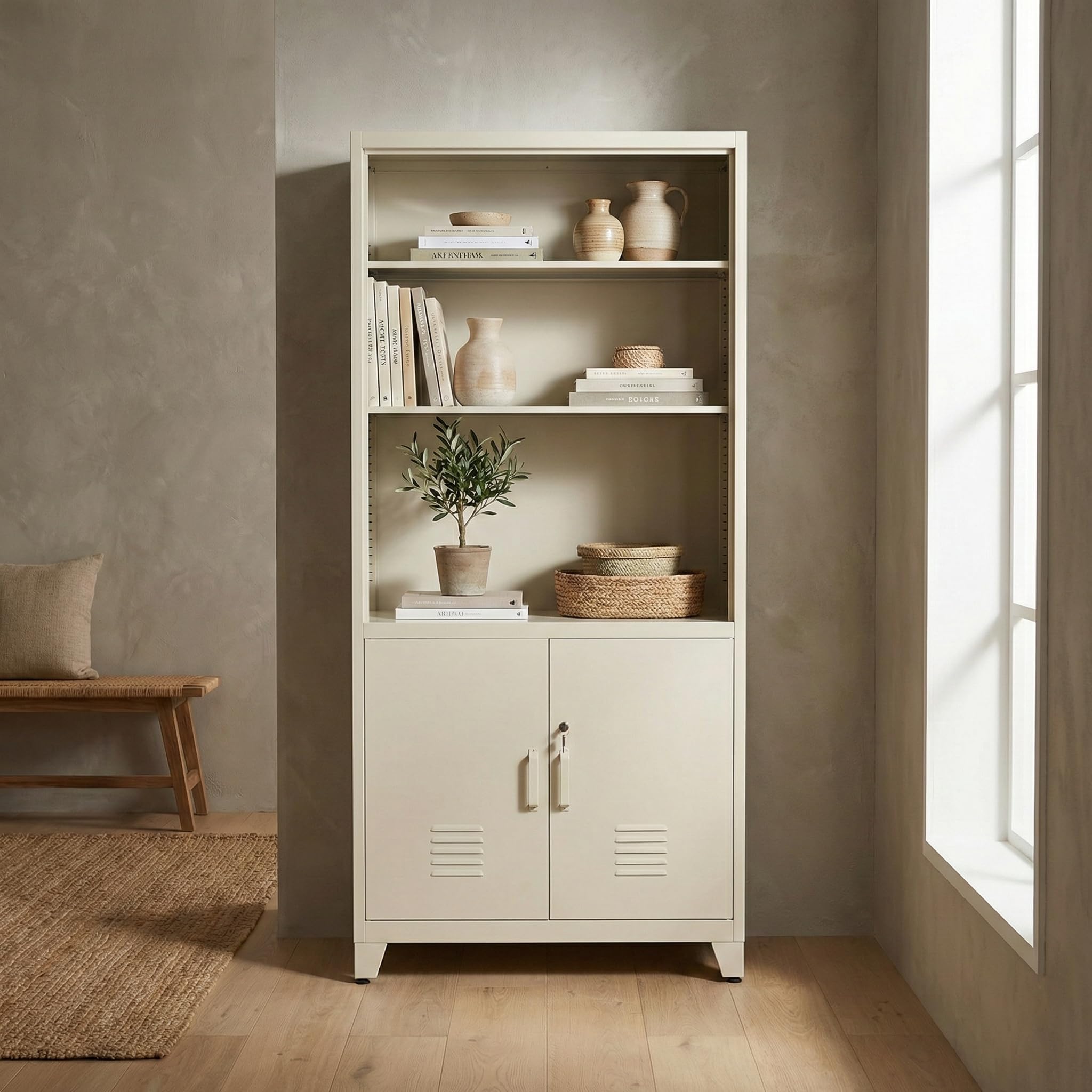 WeHome - Armadio Da Ufficio In Metallo 85x45x190 Cm Con Serratura, Mobile Ufficio Metallo Con 2 Ante E Mensole, Libreria Metallica Archivio Con 5 Ripiani Regolabili Per Ufficio O Archivio (Avorio)