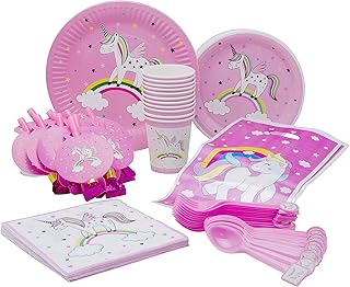 Pink Unicorn Theme Party Pack - Disposable Paper Plates, Cups, Napkins, Forks, Spoons, Gift Bags and Party Blowers - Serves 10