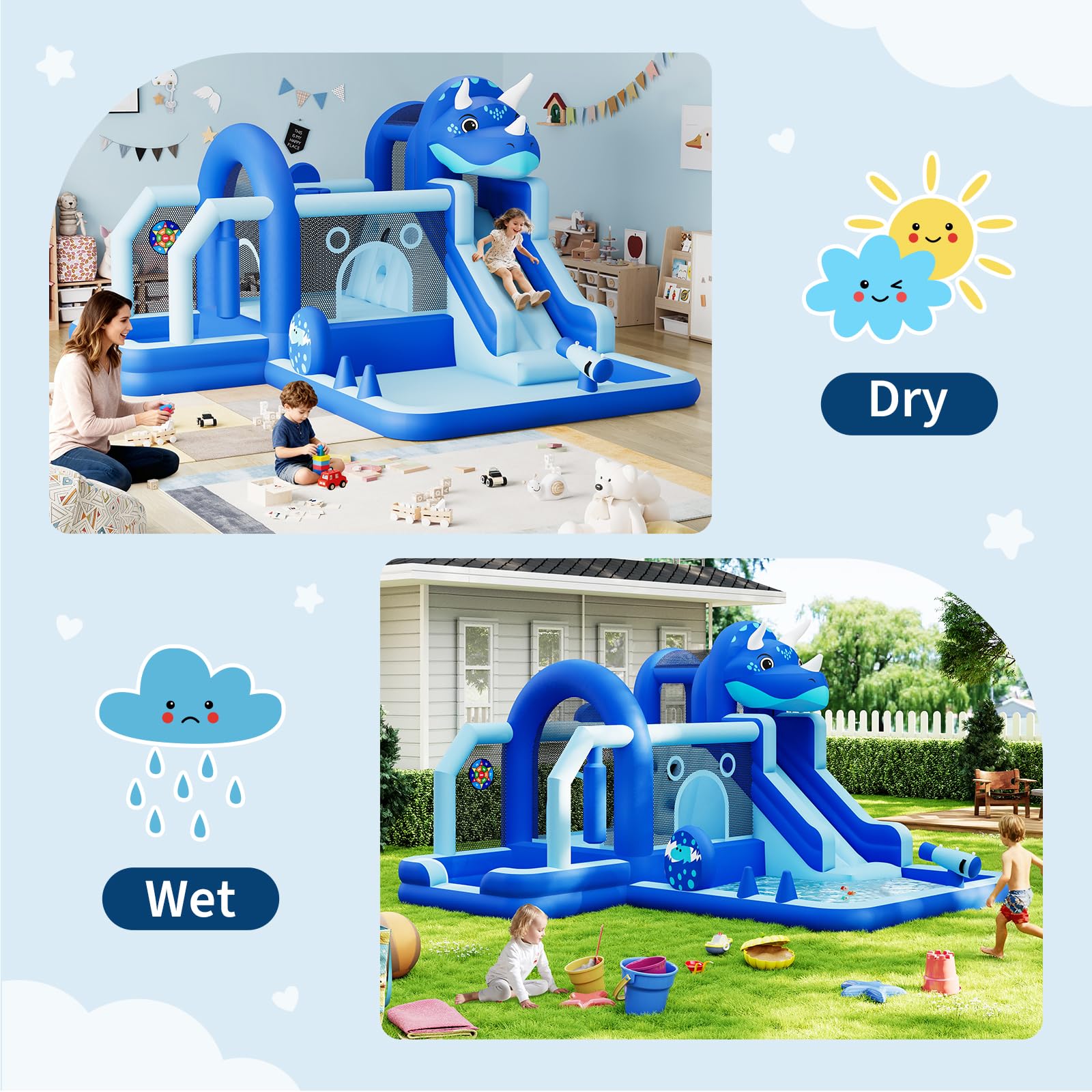 Château Gonflable Structure Dinosaure en Tissu Oxford, Jeux Gonflable Enfant Exterieur, avec Souffleur, Trampoline, Toboggan, Mur d'escalade, Aire De Jeux, pour 3-10 Ans, Capacité 113 kg, Bleu