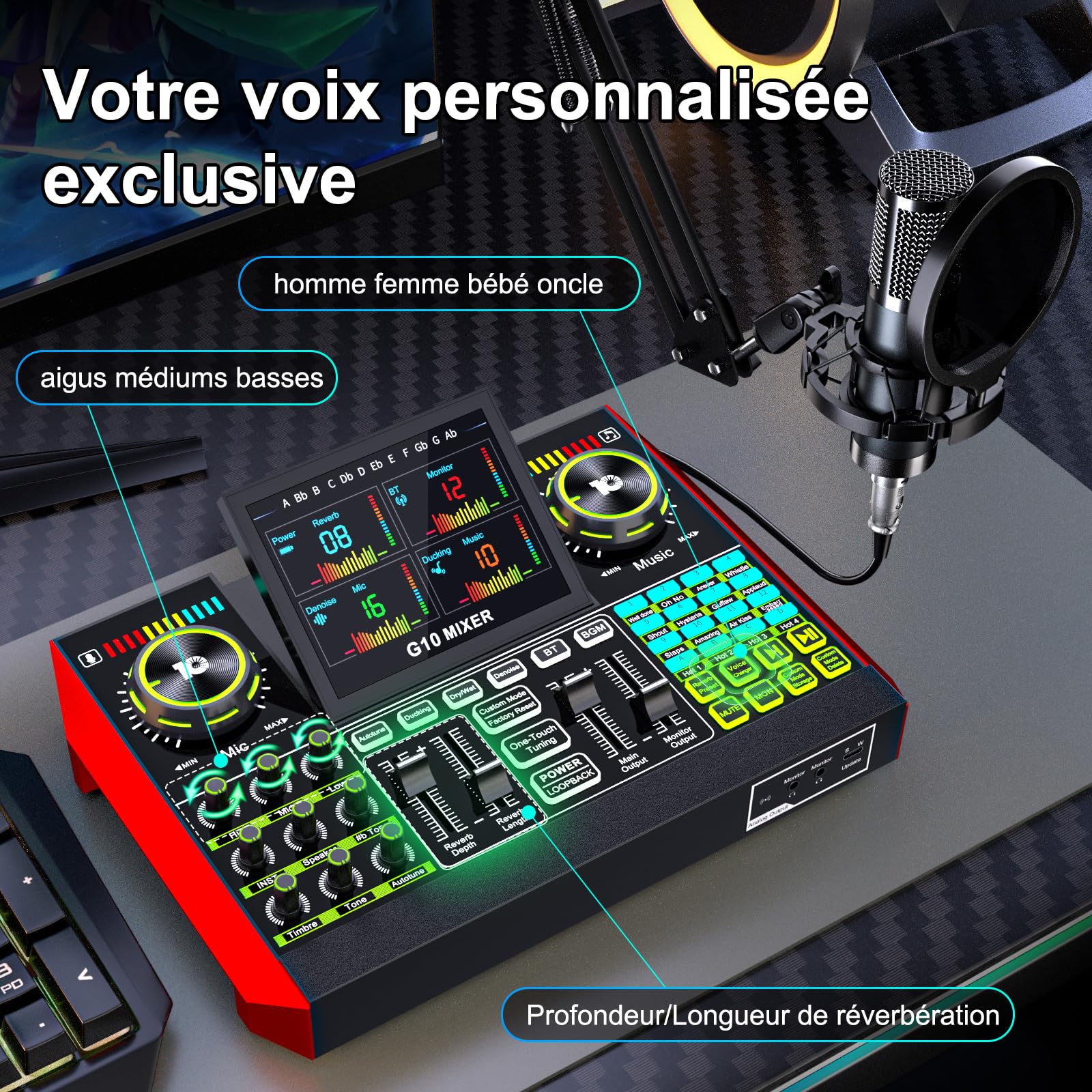 TENLAMP Kit Podcast avec Microphone Condensateur 3,5 mm et Table de Mixage Audio, Équipement Streaming avec Changeur de Voix, Réduction du Bruit pour Streaming, Gaming, Chant et Création de Contenu