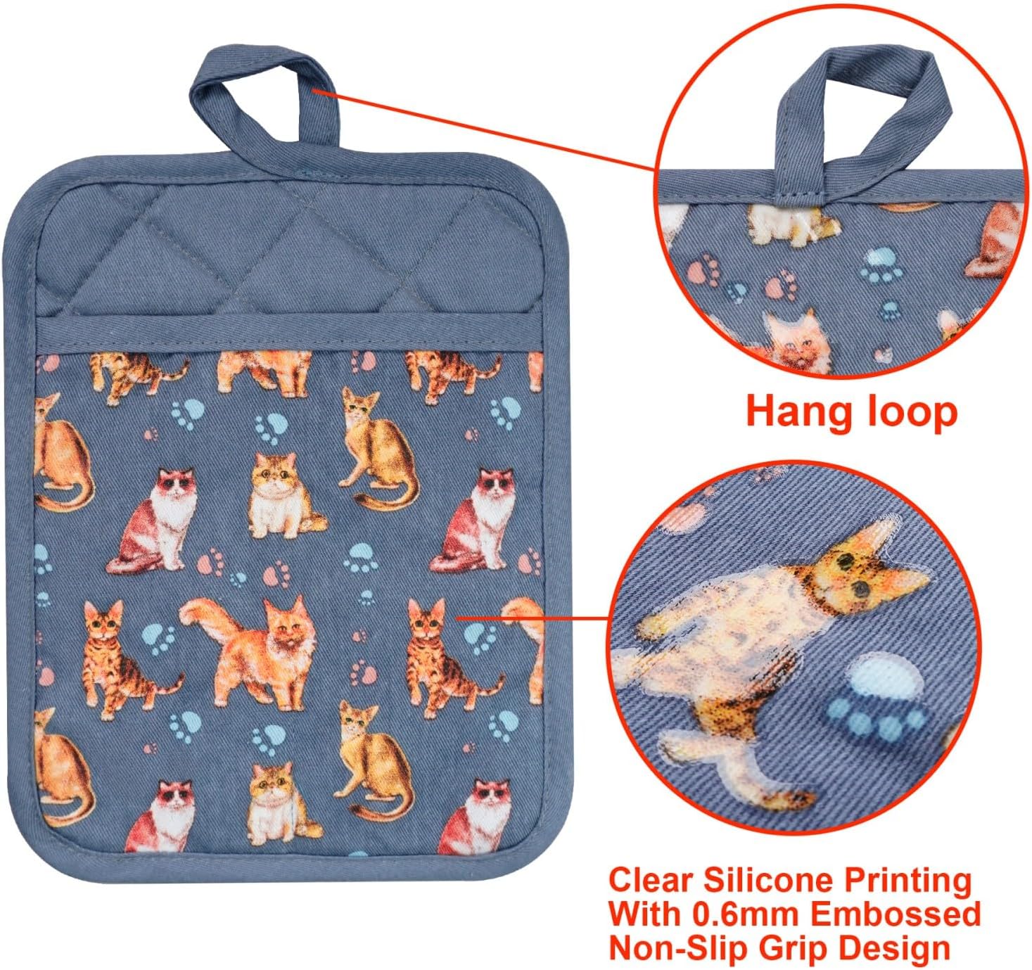 Pot Holders Set of 2 Heat Resistant 480 ℉Non Slip Clear Silicone Printed Comfortable Cotton Lining Kitchen Women Men Cooking Baking Microwave Machine Washable (Cat, Grey potholders) - Image 3