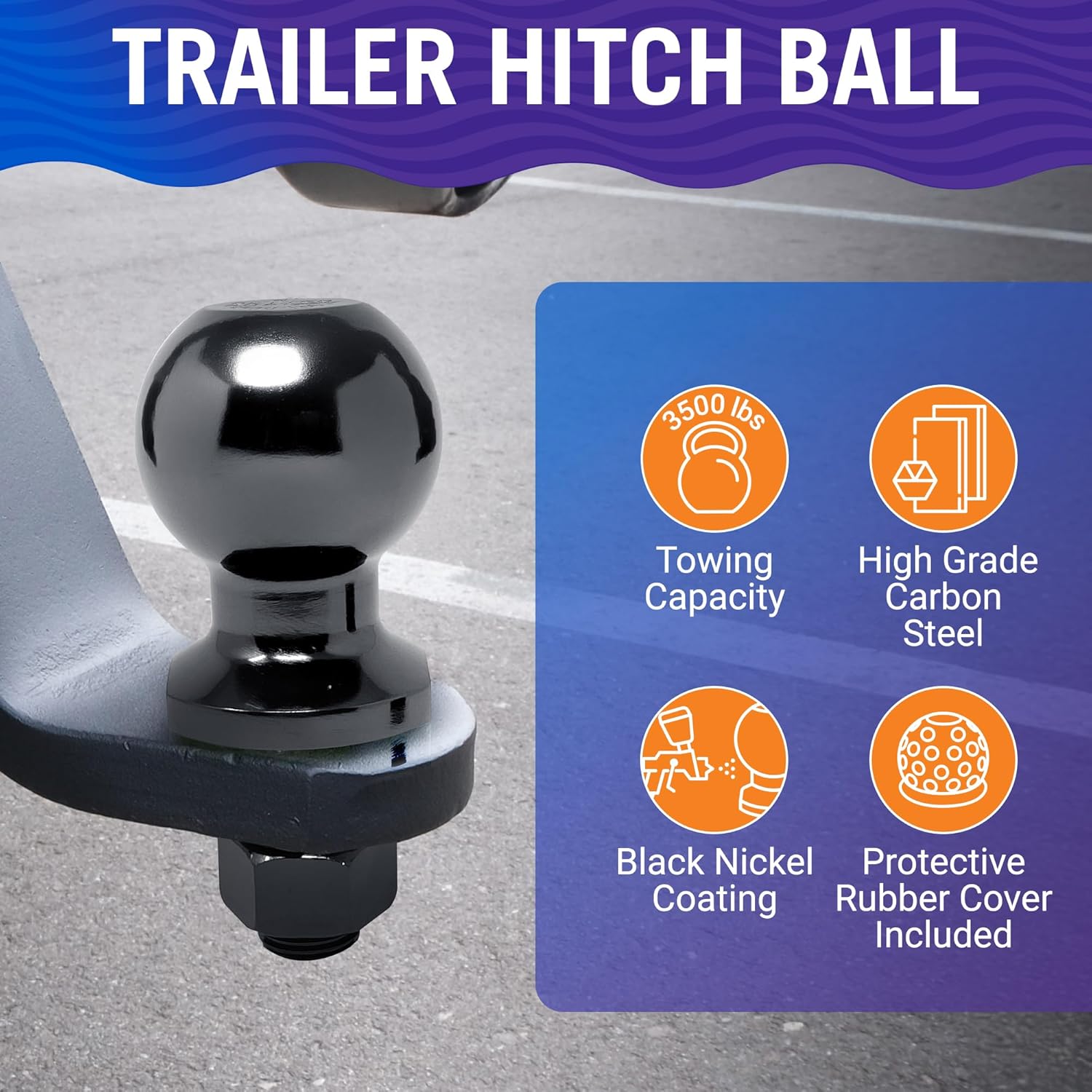 2 Inch Trailer Ball Hitch, 10000lbs Capacity, 1 1/4" Shank Diameter, 2" Long, Marine Grade Tow Ball for Boats or Towing