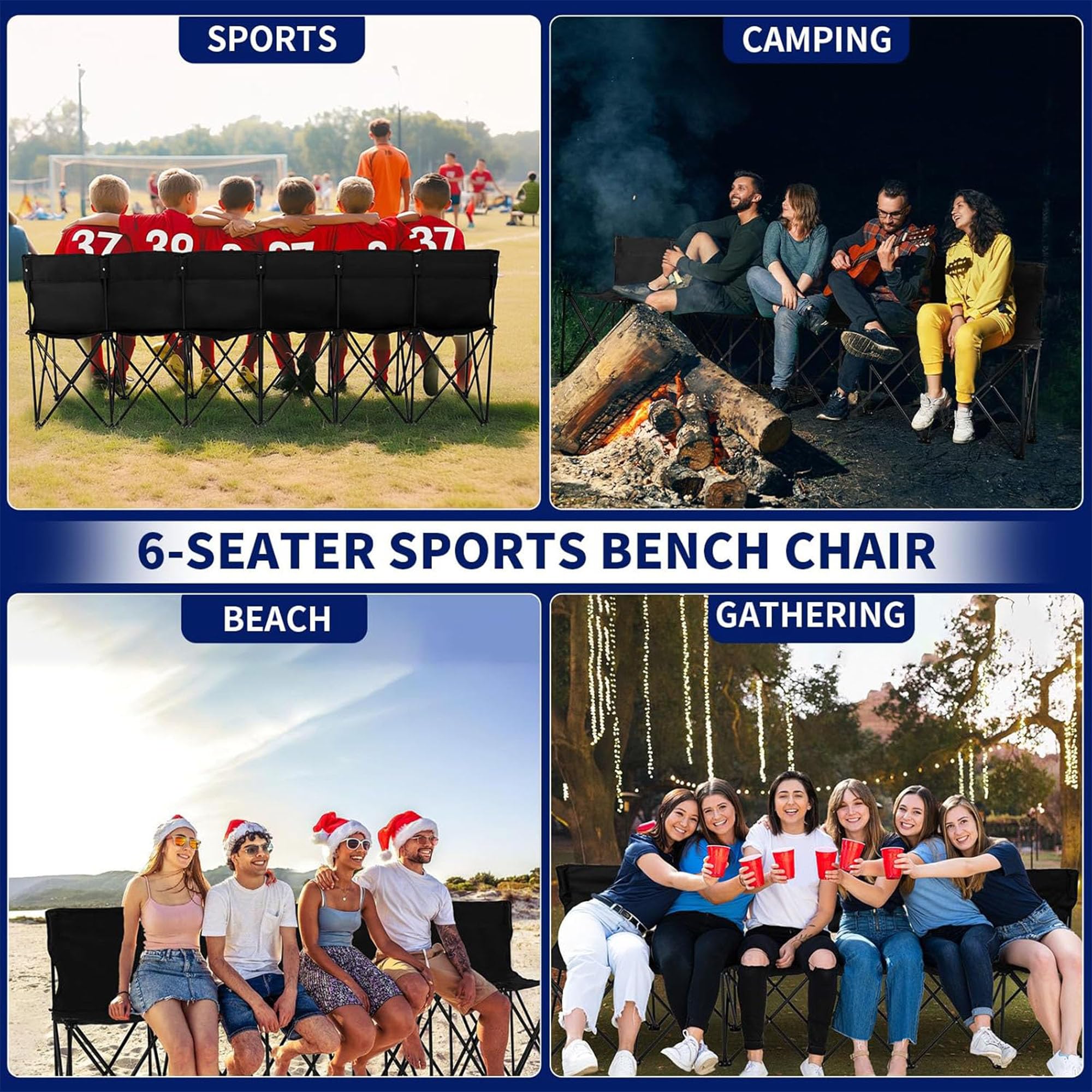 Panca sportiva pieghevole con schienale – Seduta laterale portatile a 6 posti per campeggio, tailgating, eventi di calcio e calcio