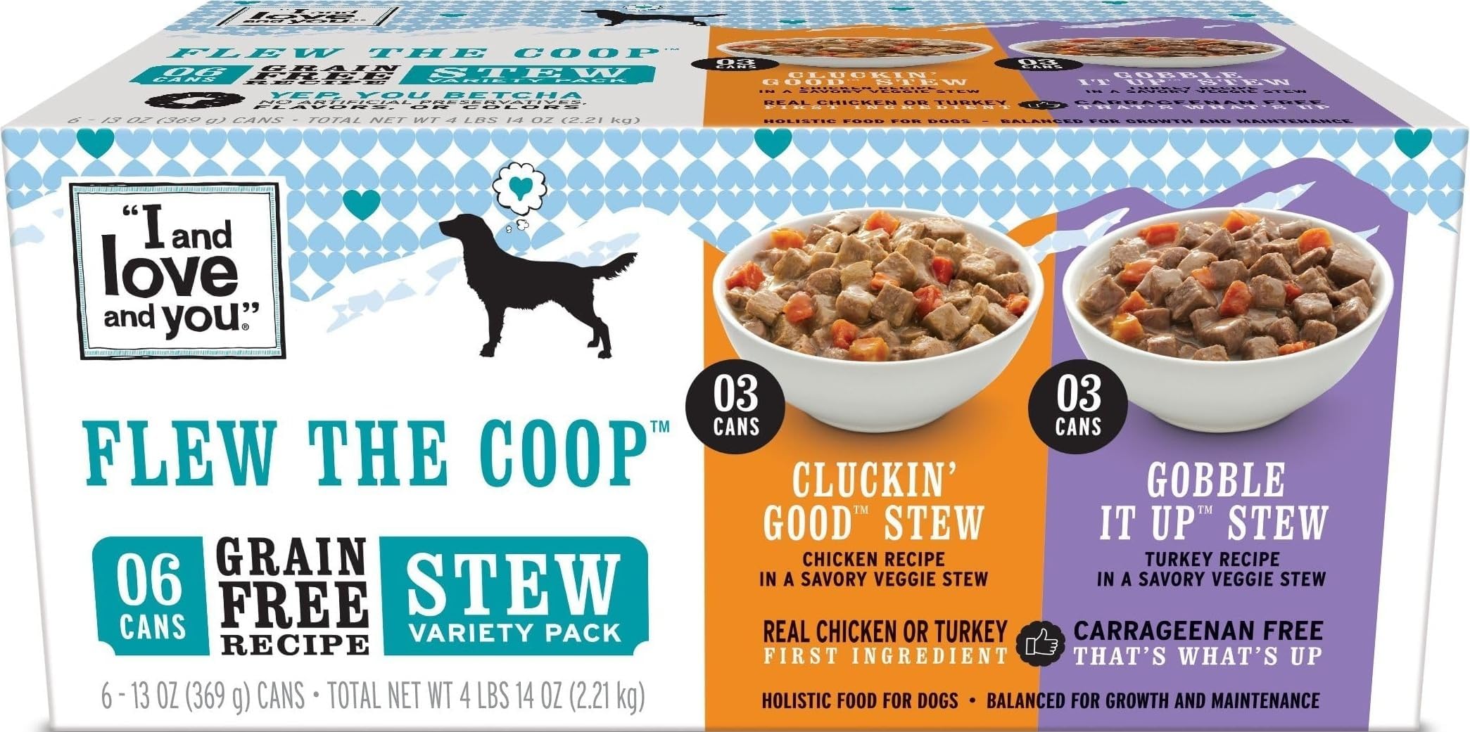 I AND LOVE AND YOU Wet Dog Food - Flew The Coop Variety Pack - Chicken + Turkey, Grain Free, Filler Free 13oz can, 6pk