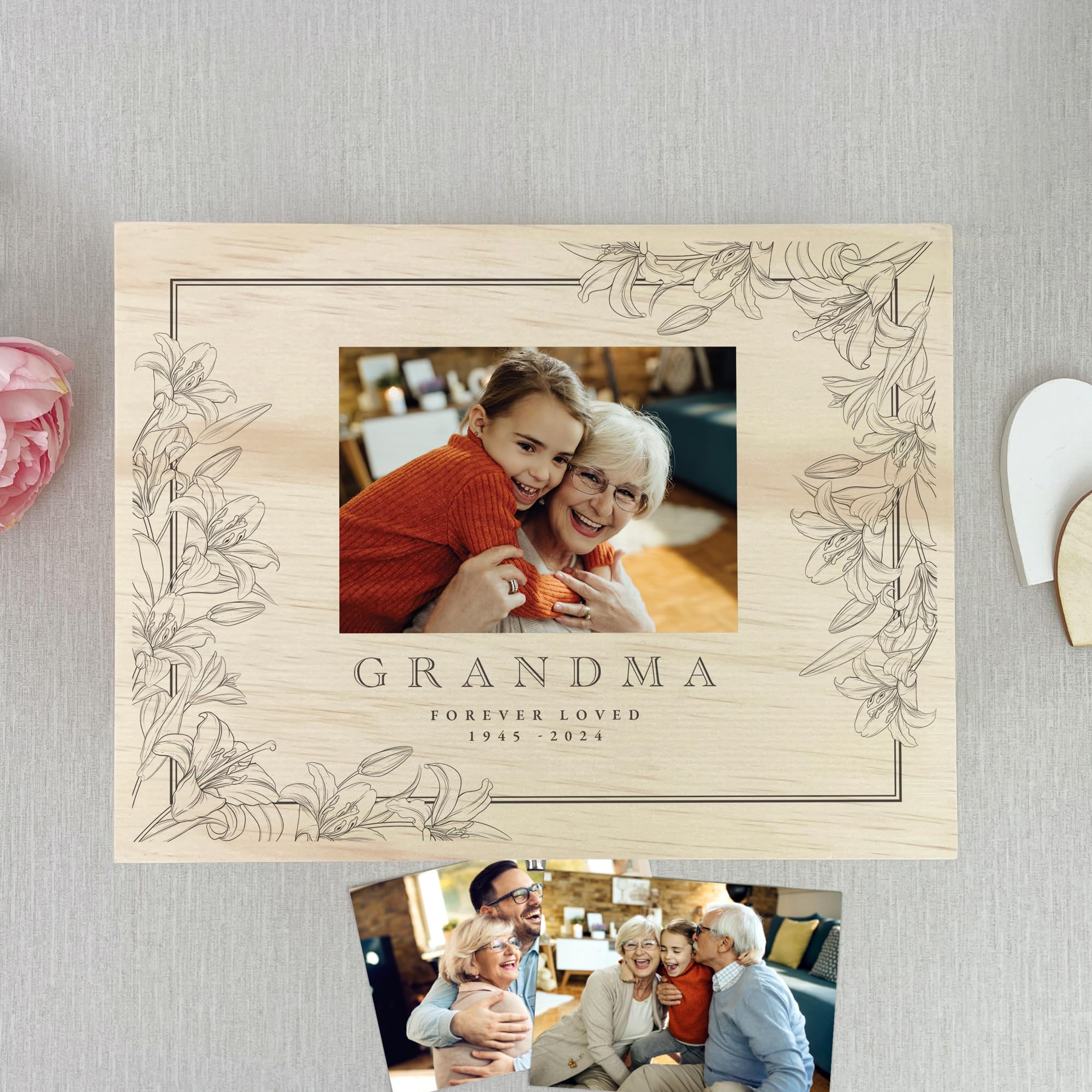 Caja de recuerdos personalizada con foto de lirio de pino | texto personalizado y foto | regalo de cumpleaños, regalo de aniversario, regalo de duelo, recuerdo conmemorativo, regalo para ella | 36 x