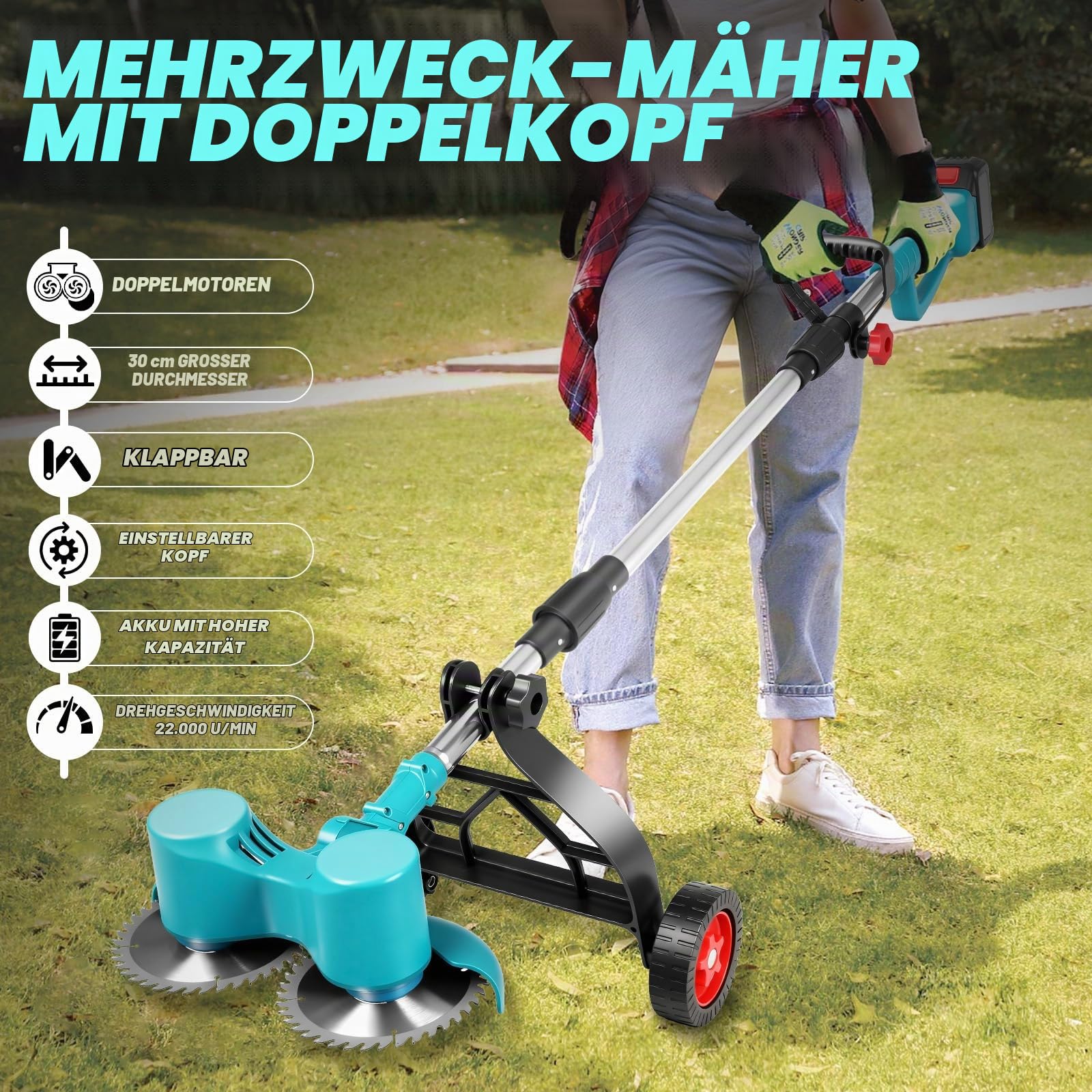 WingFly Rasentrimmer mit Akku und ladegerät, Akku Rasentrimmer für Makita-Akkus mit 2 x 2,40 Ah Batterien, 4 Klingentypen, Seitlichen RäDern, 21V Akku Freischneider für Garden Trimmen