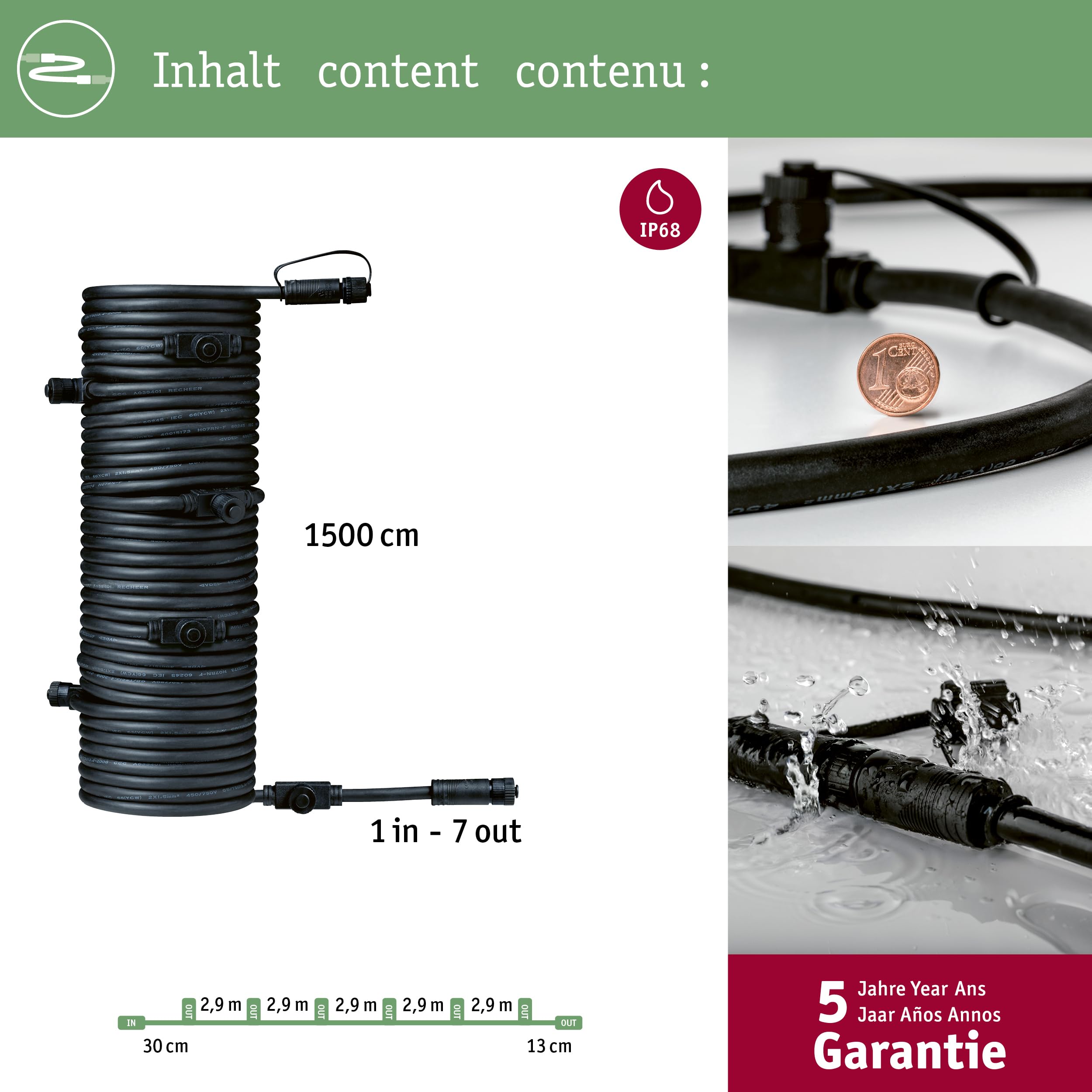 Paulmann 93931 Outdoor Plug&Shine Câble 15m 1 in-7 out, IP68, 2x1,5qmm H07RN-F, Noir
