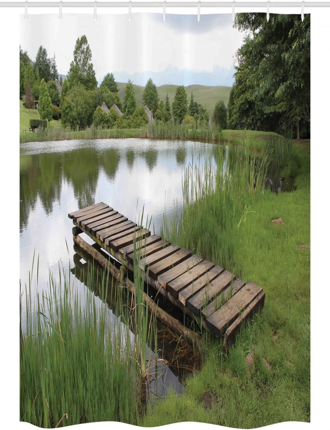 Ambesonne Forest Stall Shower Curtain, Green Landscape Lake Forest Nature on The Wooden Pier Serenity Picture Print, Fabric Bathroom Decor Set with Hooks, 54" W x 78" L, Green Brown