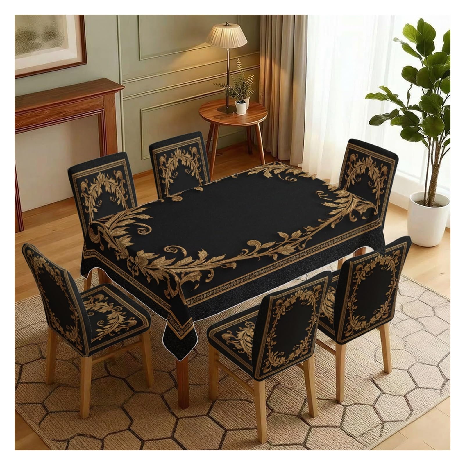 KXUAUV Black Gold Baroque Scroll Dining Chair Covers & Tablecloth Set, 5/7 Piece Luxury Slipcovers For Opulent Home Decor Party Decor(7pcs Set: Tablecloth+Chair Covers)