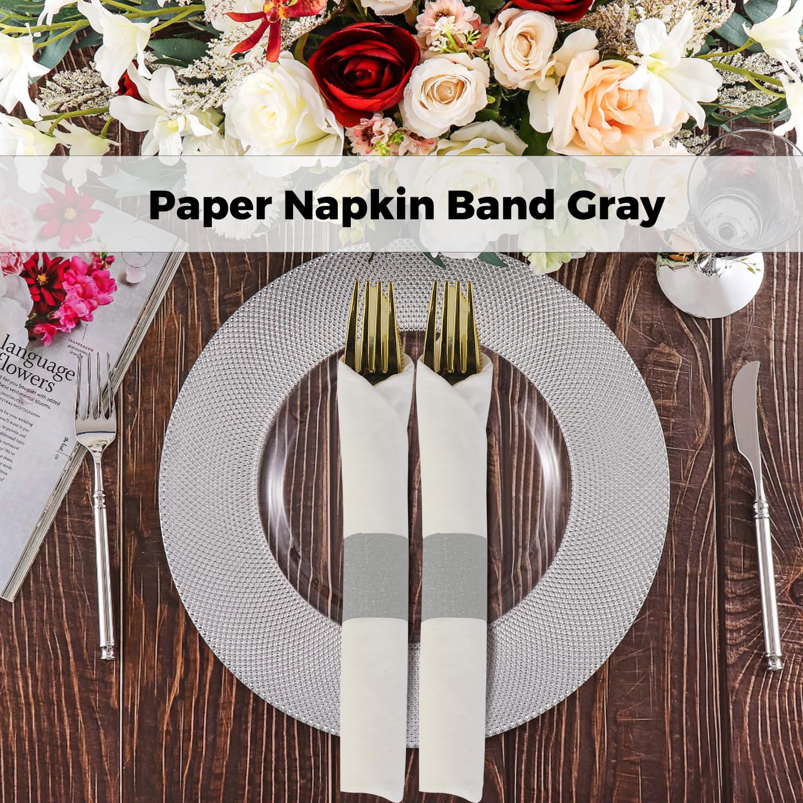 Germiwipe 2.500 Stück selbstklebende Papierserviettenbänder (grau) | Silverware Wraps Bänder zum Verpacken von Besteck, ideal für Restaurant, Familie, Party, Hochzeit, Feier, Tischdekoration