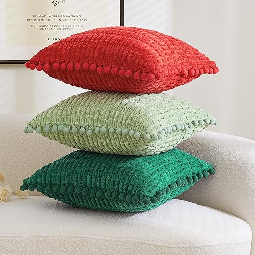 Miniatura 5 de EMEMA Juego de 2 fundas de almohada decorativas beige de pana de 12 x 20 pulgadas con pompones, suaves y modernas, decoración del hogar rural para