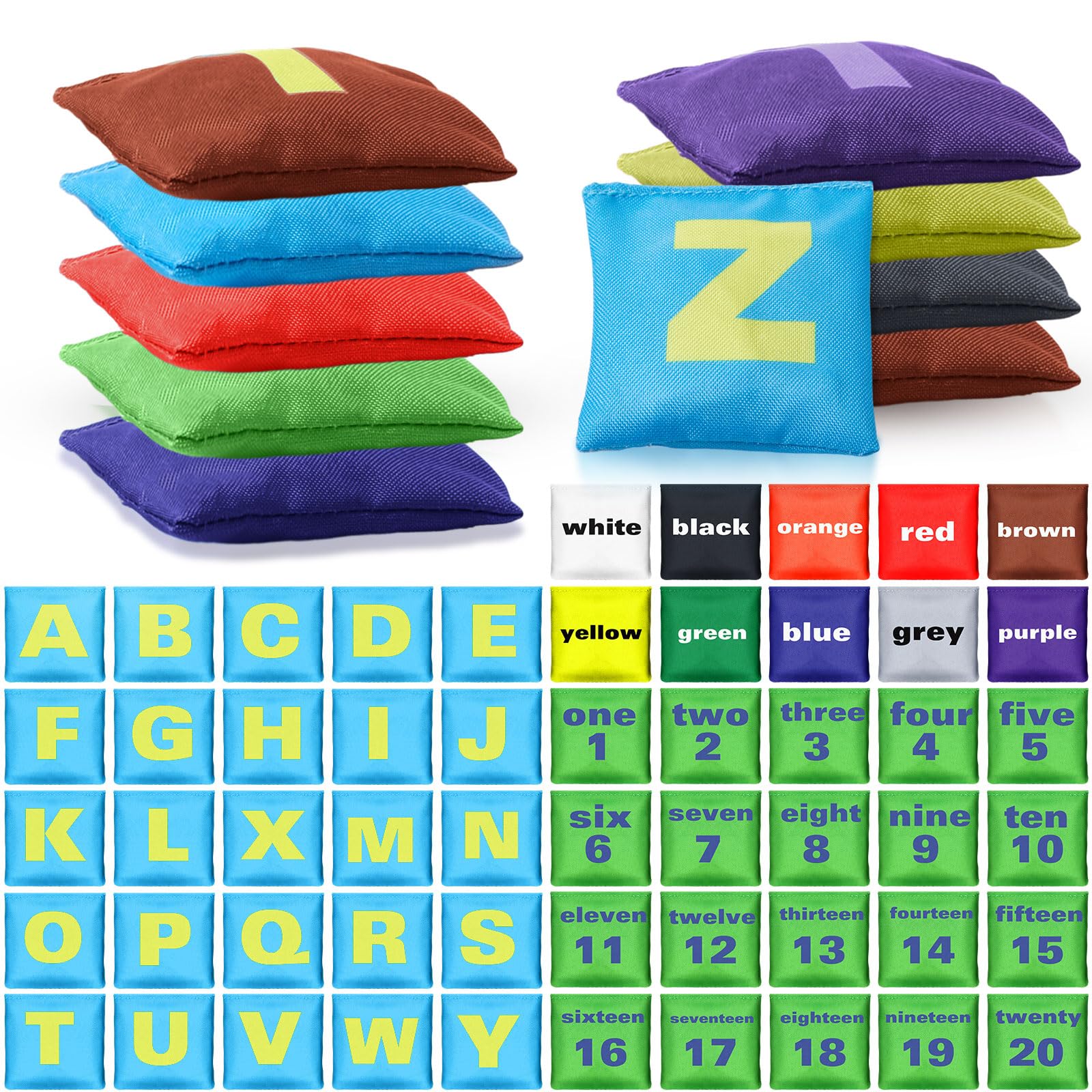 ShinyRelief 56 Pcs Educational Bean Bags for Toddlers with 20 Number Beanbags 10 Color Beanbags 26 Alphabet Bean Bags for Kids Learning Color Alphabet Number Sensory Tossing Game Home Classroom