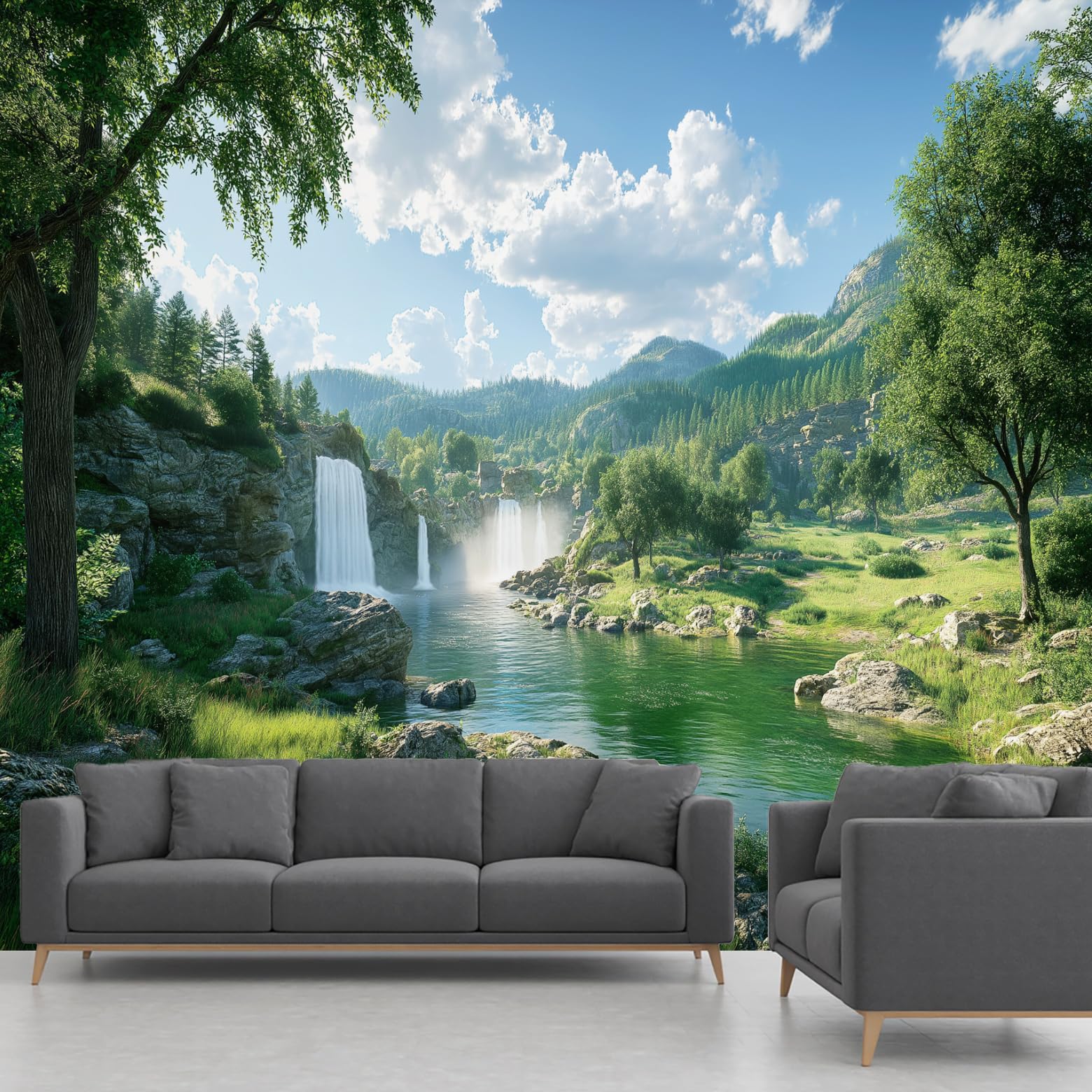 Waterfall Wallpape Misty Forest Tree River Wall Mural 250x175cm