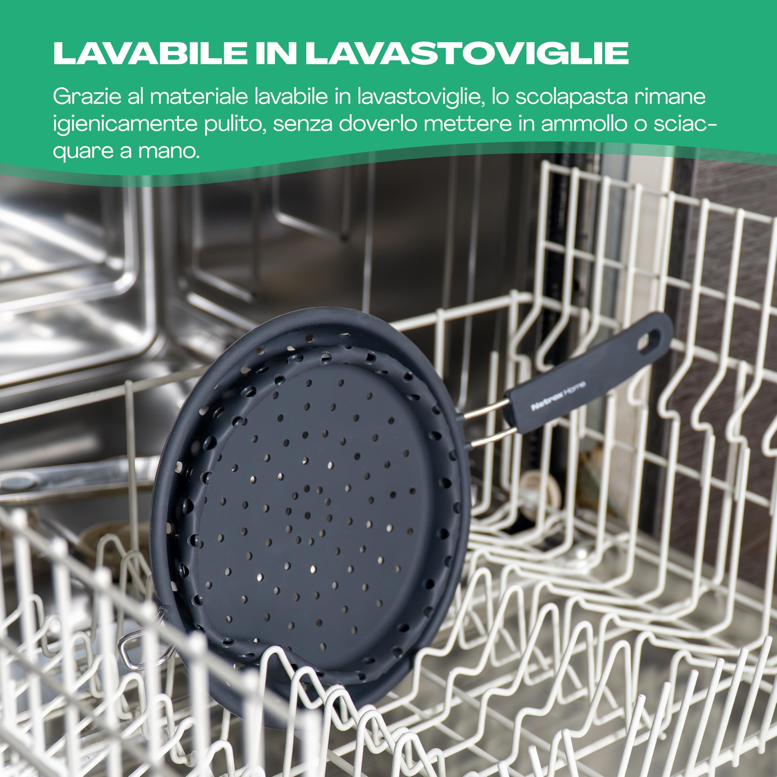 Netrox – Colino da cucina pieghevole in silicone Adatto per alimenti, lavabile in lavastoviglie e senza BPA Scolapasta per pasta con manico per pentola