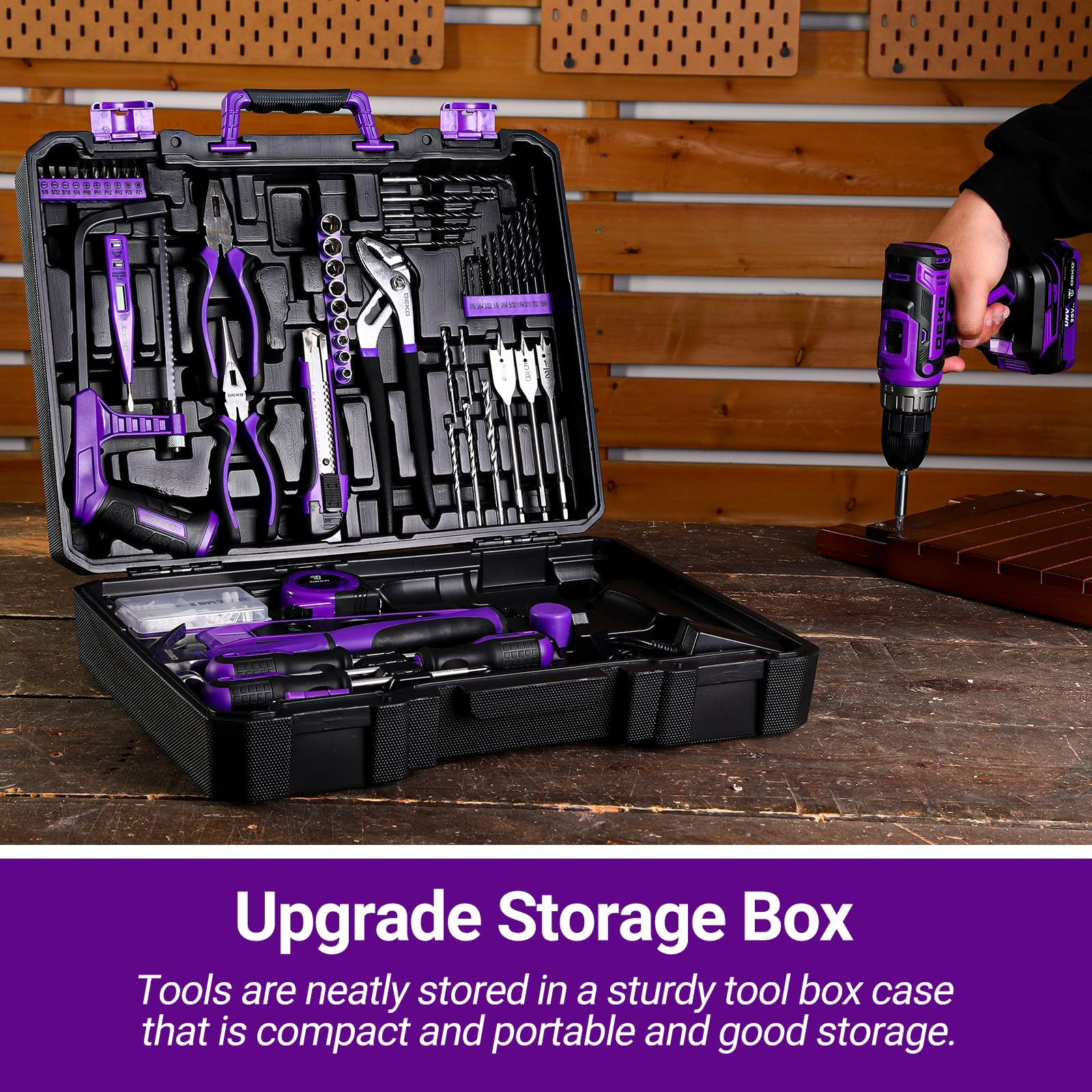 DEKO Caisse à Outils Complète 186 Pièces: Boîte à Outils Violet avec Perceuse Visseuse Sans Fil 20V, 1.5Ah Batterie, pour Maison, Bureau et Voiture, pour Entretien Quotidien