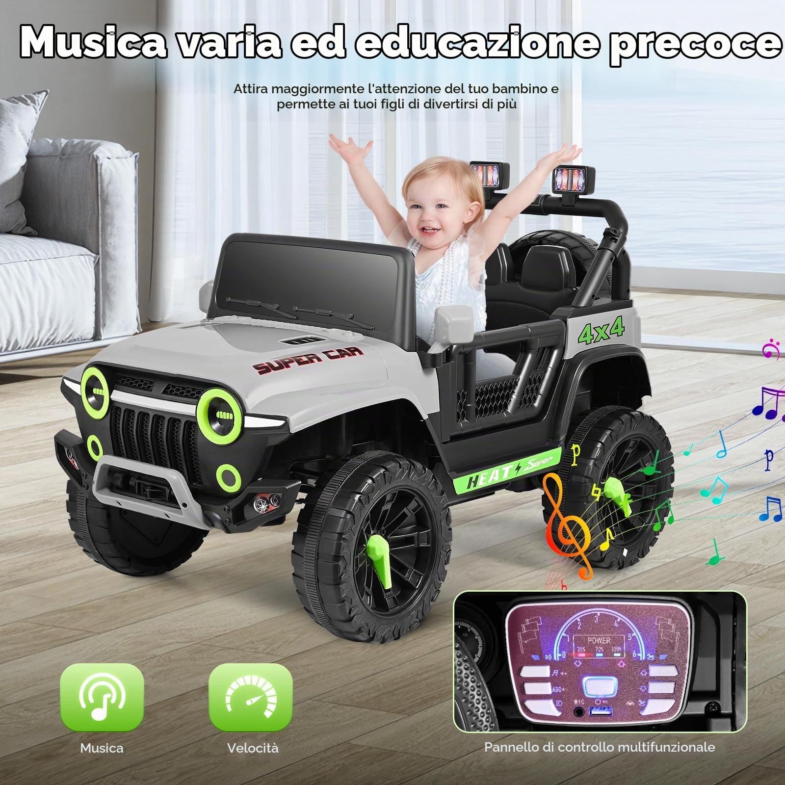 Macchina Elettrica Per Bambini 12 V,telecomando per genitori,motori gemelli da 35 W,velocità massima di 5,2 km/h,lettore musicale, sospensioni a 4 ruote, luci a LED,cintura di sicurezza（Grigio）