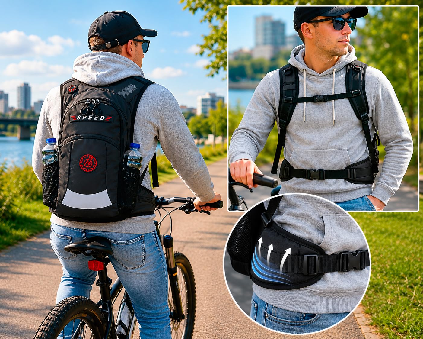 BAG STREET Zaino Impermeabile per Moto e Bicicletta – Zaino Ergonomico da Motociclista con Cintura Pettorale e Lombare, Nero
