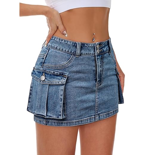 Mancreda Women Denim Cargo Skirt Mini Low Waist Button Bodycon Y2K Flap Pockets Skirts