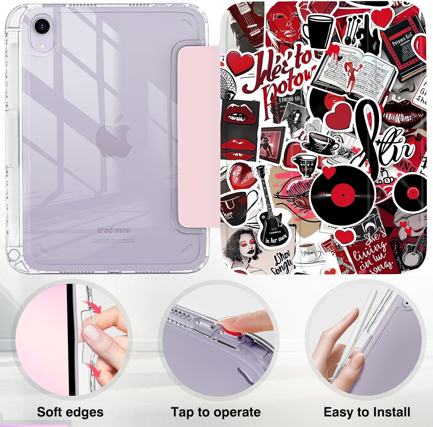 Y2K Tablet Case for iPad Mini 6/7 (8.3", 2021/2024) – Hot Pink Retro Sticker Print Cover with Pencil Holder, Vinyl Lip Design, Tri-Fold Stand, Auto Sleep/Wake, ipad mini cute case for Girls