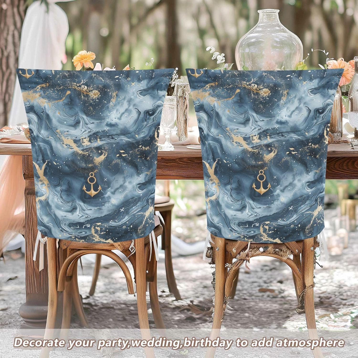 ALAZA Anchor Navy Blue Marble Chair Back Cover Set of 6, Washable Reusable Removable Chair Slipcovers Decorative Chair Cover for Home Kitchen Wedding Party