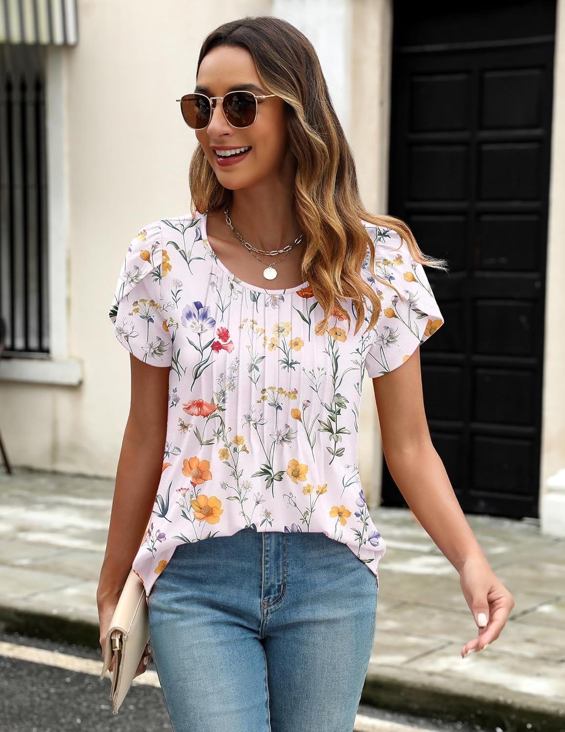 Zeagoo Womens Tops Petal Short Sleeve Summer Casual Crew Neck Shirts Floral Solid Blouse Pleated Tunics - Image 4