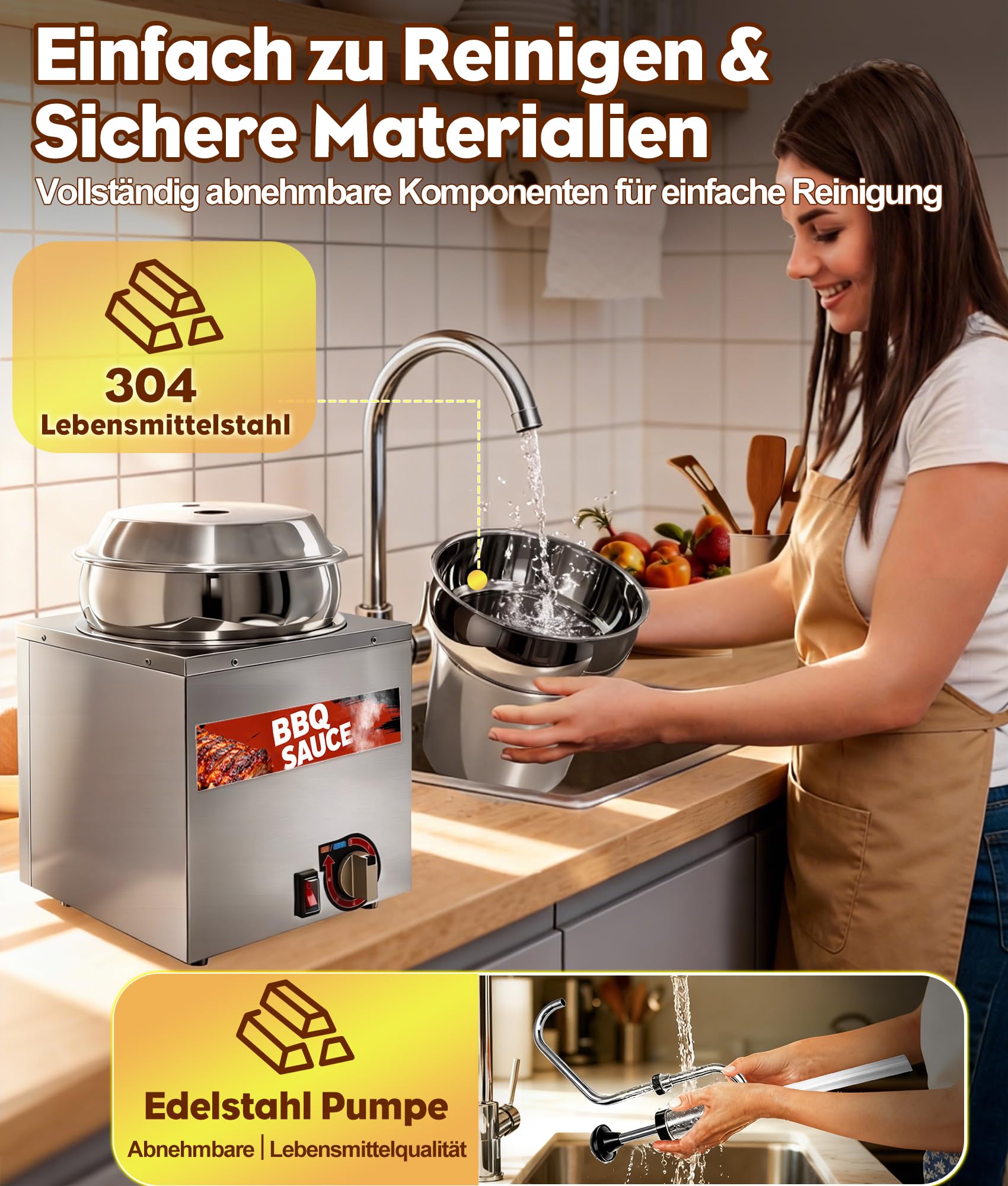 Distributore di salse in acciaio inossidabile da 7L con funzione di riscaldamento, pompa distributrice di salse elettrica in acciaio inossidabile con 6 livelli di temperatura & pompa rotante a 360°