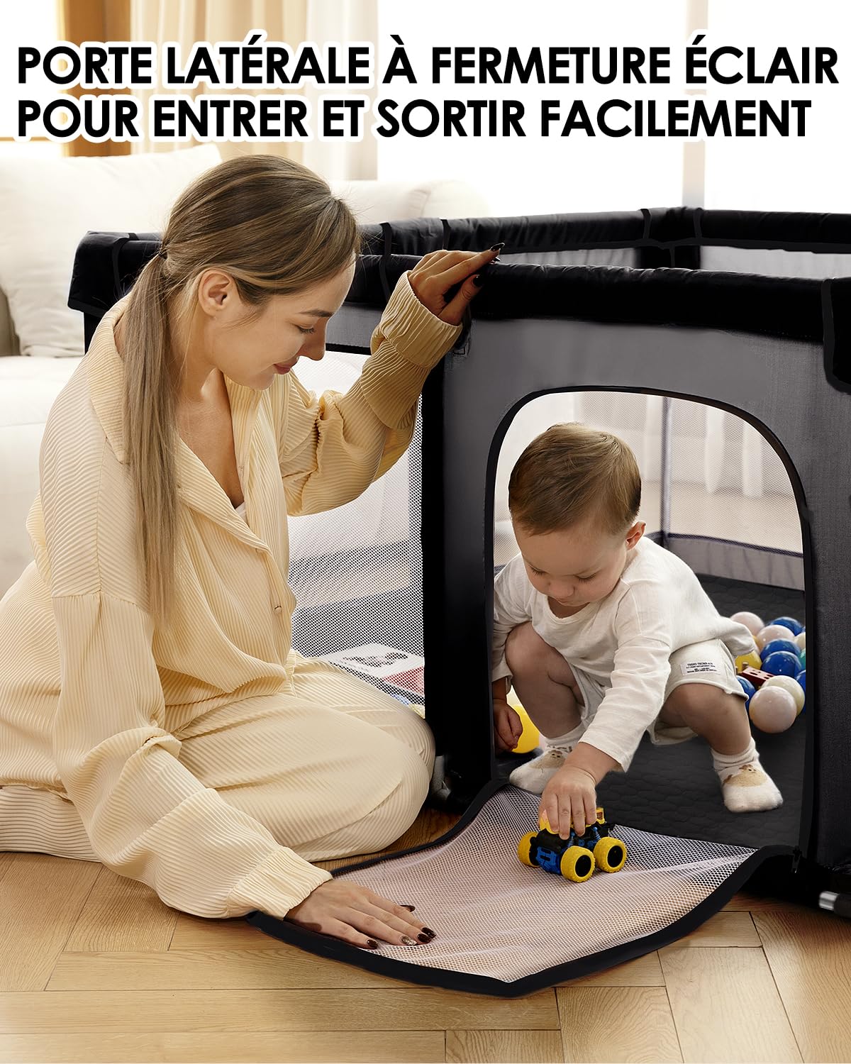 Derimkcoa Parc Bébé Parc Avec Tapis Intérieur et Extérieur, Filet Respirant Sur Quatre Côtés et Ventouses (150x180x66cm, Noir)