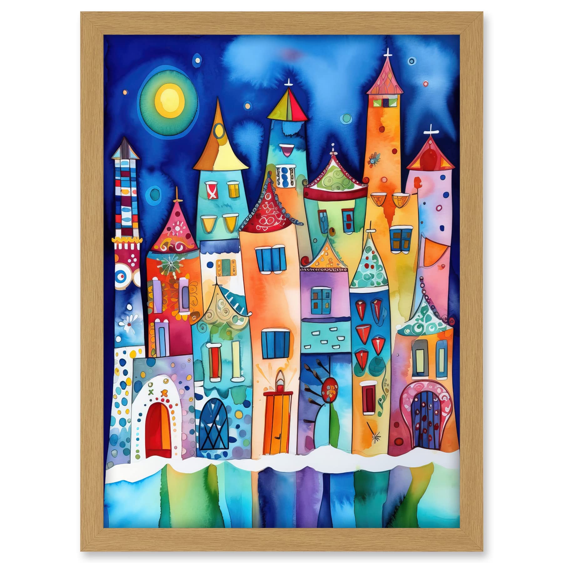 Artery8 Midnight Abstract Town Folk Art Artwork Framed A3 Wall Art Print