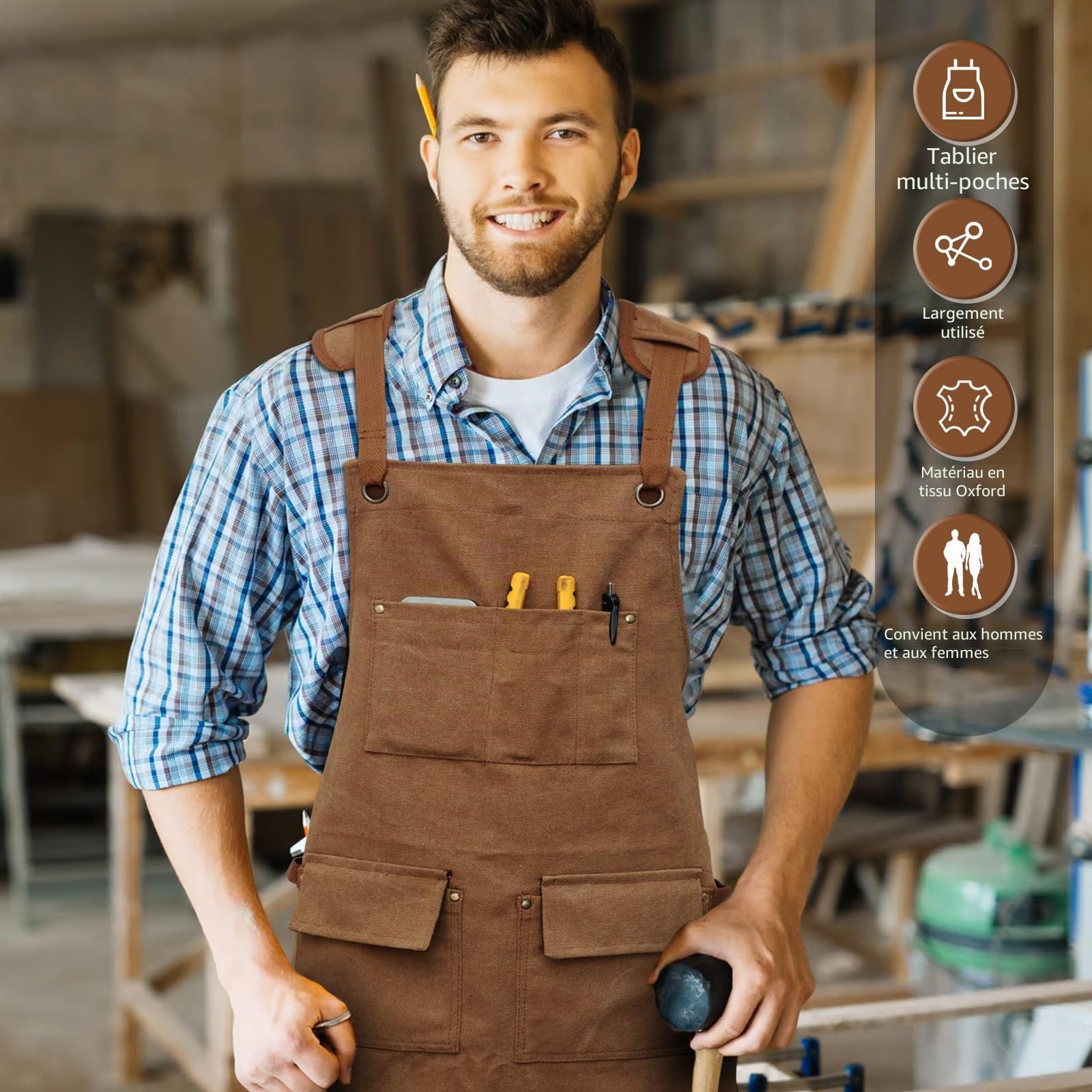 Tablier de travail, tablier à outils avec 5 poches à outils, tablier de travail robuste, tablier de travail en tissu Oxford imperméable, sangle croisée réglable, tablier de travail du bois pour