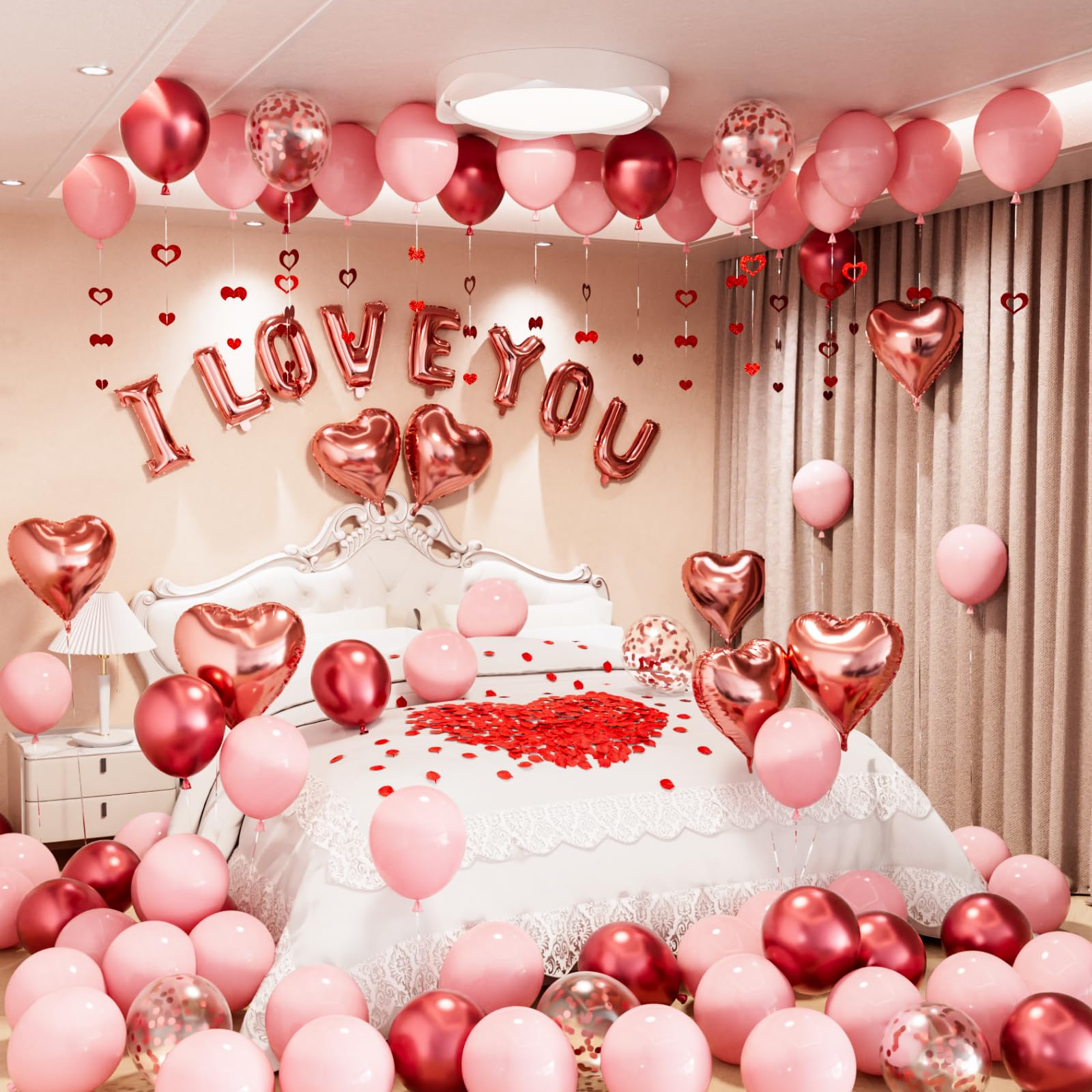 Adeyoo Pink Valentines Decorations - Metallic Red and Baby Pink Latex Confetti Balloon, I Love You and Heart Balloons with Rose Petals Heart Hanging String for Romantic Valentines Party Supplies — image 1