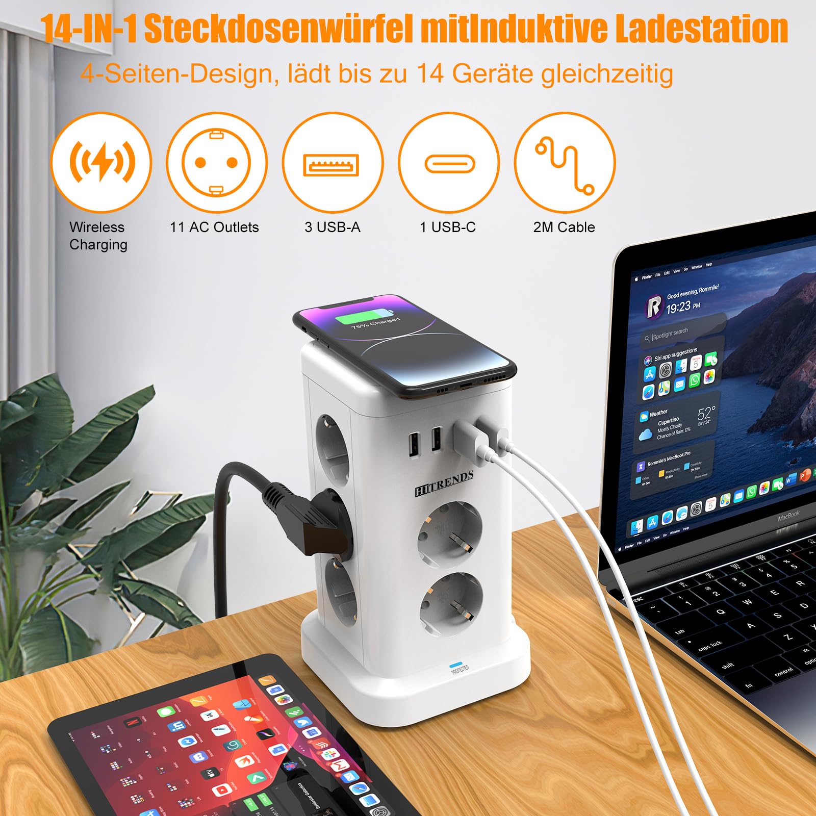 Tour de Prises 11 avec Chargeur sans Fil | Protection Contre Les Surtensions et Interrupteur | 3680W Max (16A) | 11 Prises EU + 4 Ports USB | Câble d'alimentation 2m | pour Bureau, Maison | Blanc
