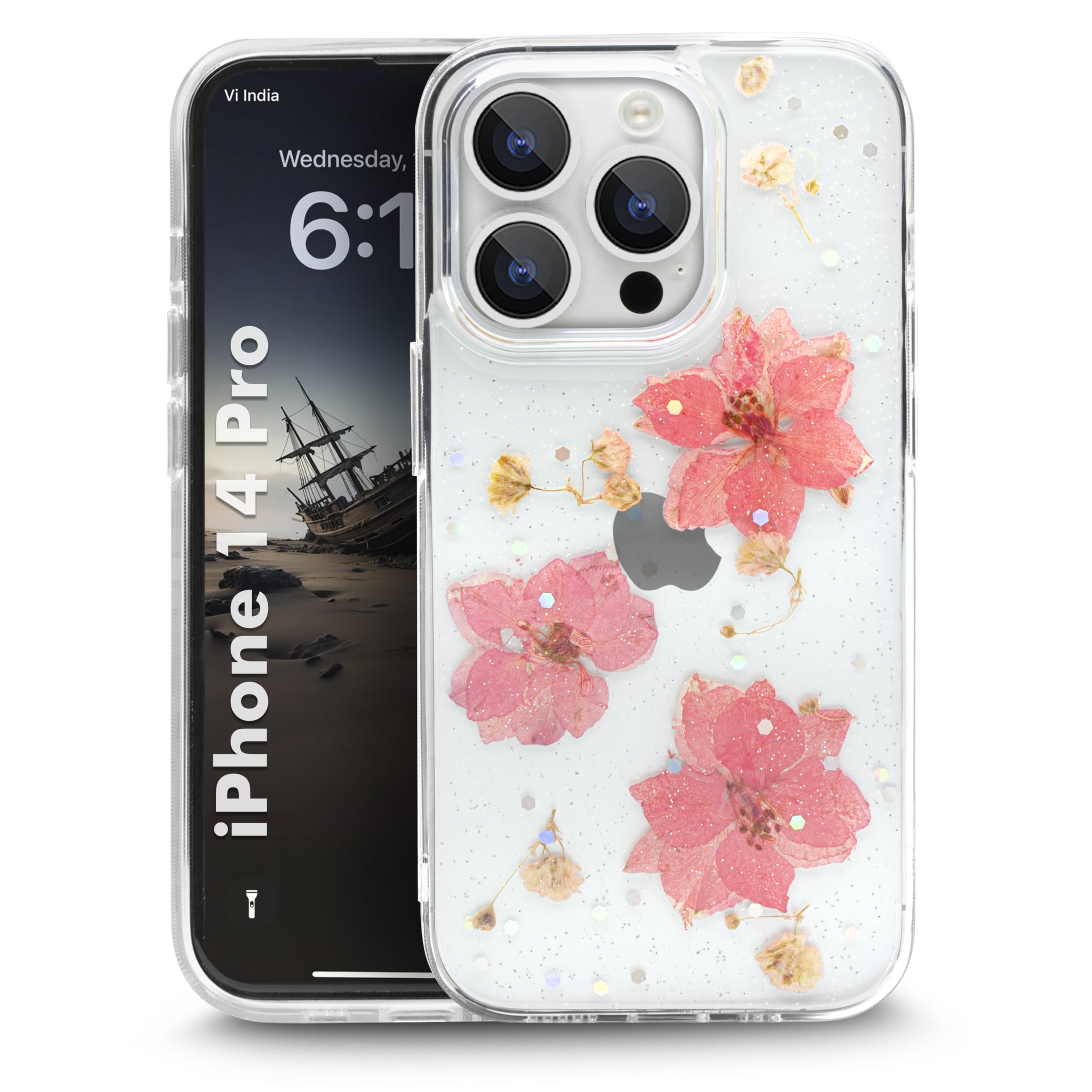 Enflamo Clear Silicone Case Back Cover for iPhone 14 Pro | Floral with Pressed Dry Real Flowers (Pink) (B0BLCG18VV) Amazon Price History, Amazon Price Tracker