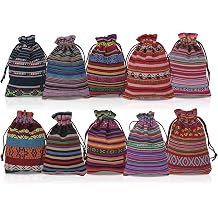 Geluode 10Pcs Mexican Drawstring Cotton Bags, 3.9x5.5inch Ethnic Style Thin Stripe Small Pouches, Fiesta Favor Bags for Party Favors, Jewelry, Crystals, Gift Wrapping