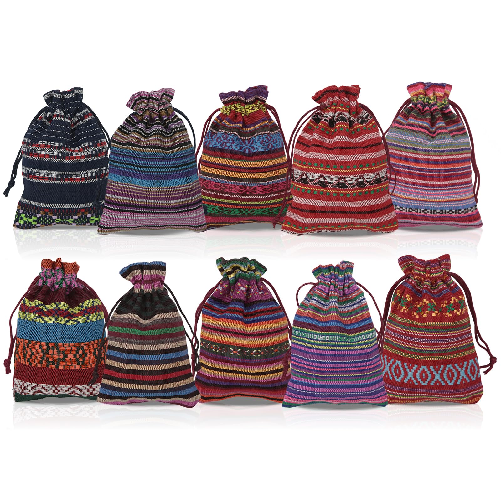 10Pcs Mexican Drawstring Cotton Bags, 10x14 cm Ethnic Style Thin Stripe Small Pouches, Fiesta Favor Bags for Party Favors, Jewelry, Crystals, Gift Wrapping