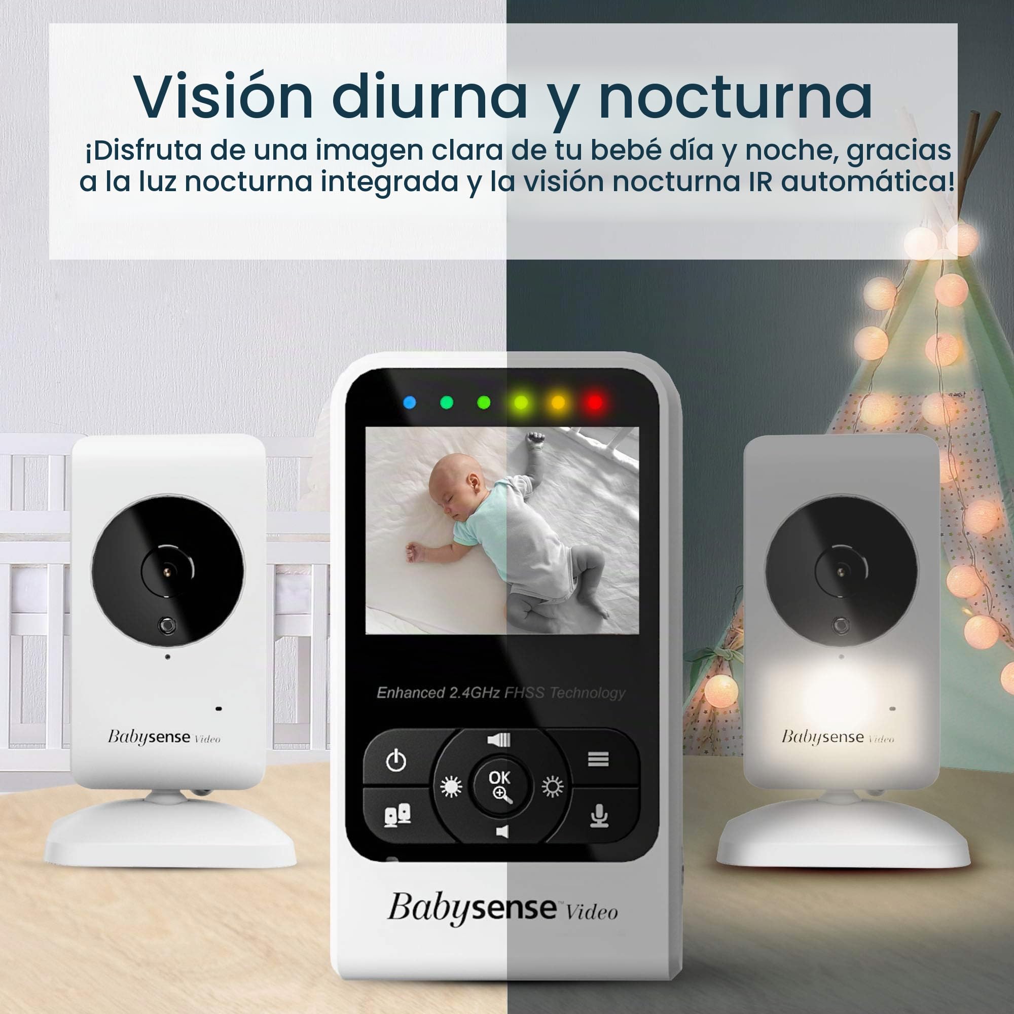 Babysense Vigilabebés con Video con cámara y Audio, Pantalla de 2.4 ", suministrado con Dos cámaras, Canciones de Cuna y Ruido Blanco, Modelo V24R_2