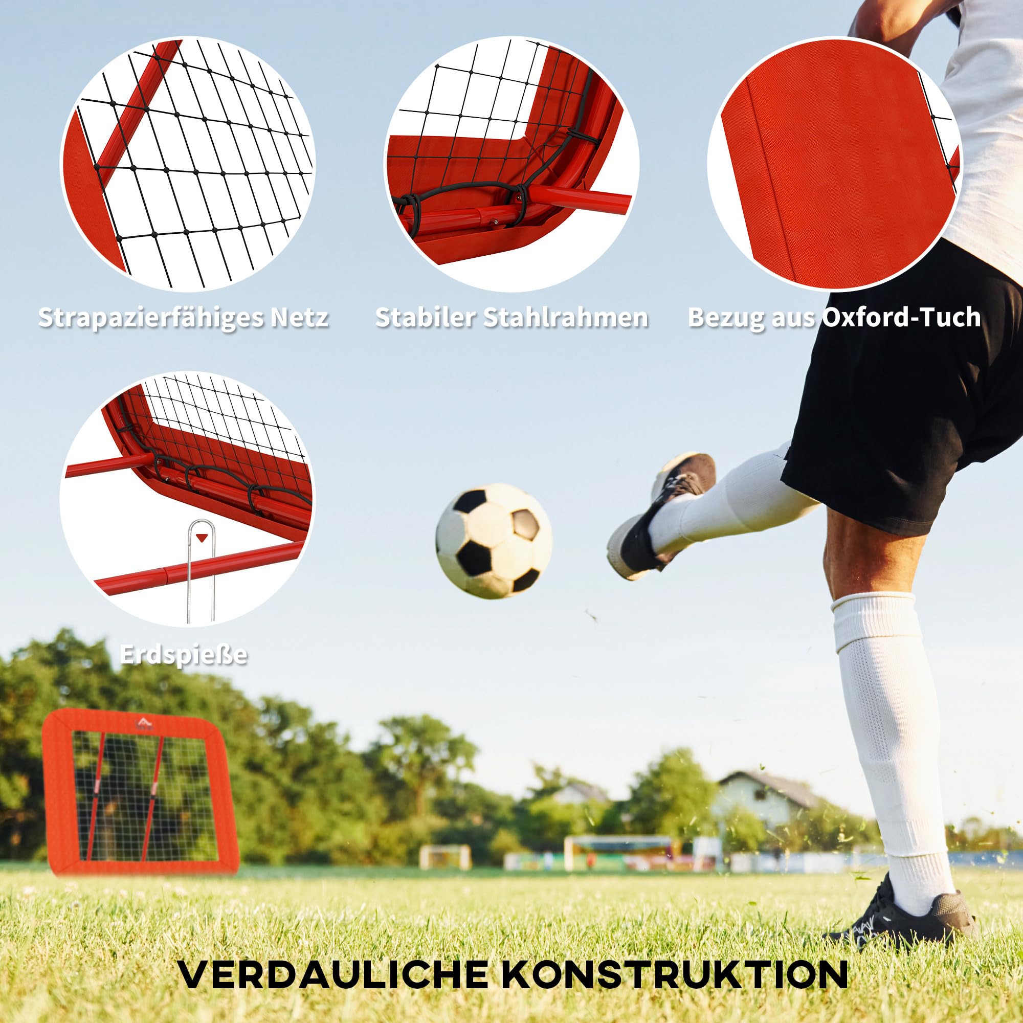 HOMCOM Calcio rimbalzo 128 x 118 cm con bordo di protezione, picchetti regolabili in 5 livelli, porta calcio portatile per adolescenti