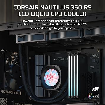 Corsair Nautilus 360 RS LCD Sıvı CPU Soğutucu - 2,1 inç IPS LCD Ekran, 360 mm AIO, Düşük Gürültülü, Papatya Zinciri, Intel LGA 1851/1700, AMD AM5/AM4-3X RS120 Fanlar Dahil - Siyah