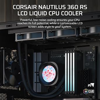 Corsair Nautilus 360 RS LCD Sıvı CPU Soğutucu - 2,1 inç IPS LCD Ekran, 360 mm AIO, Düşük Gürültülü, Papatya Zinciri, Intel LGA 1851/1700, AMD AM5/AM4-3X RS120 Fanlar Dahil - Siyah