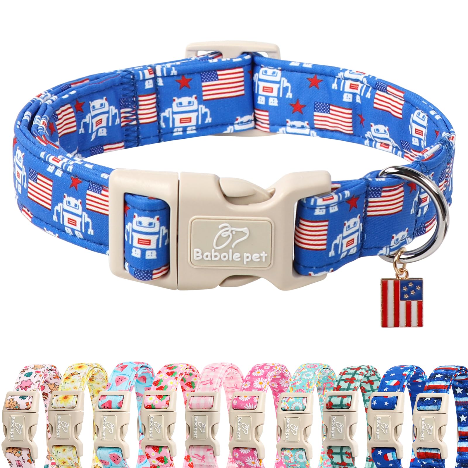 Babole Pet 4th of July Dog Collar, Robot Star-Spangled Patriotic Dog Collars for Giant Large Dogs, Adjustable Lightweight Quick-Release Buckle Collar