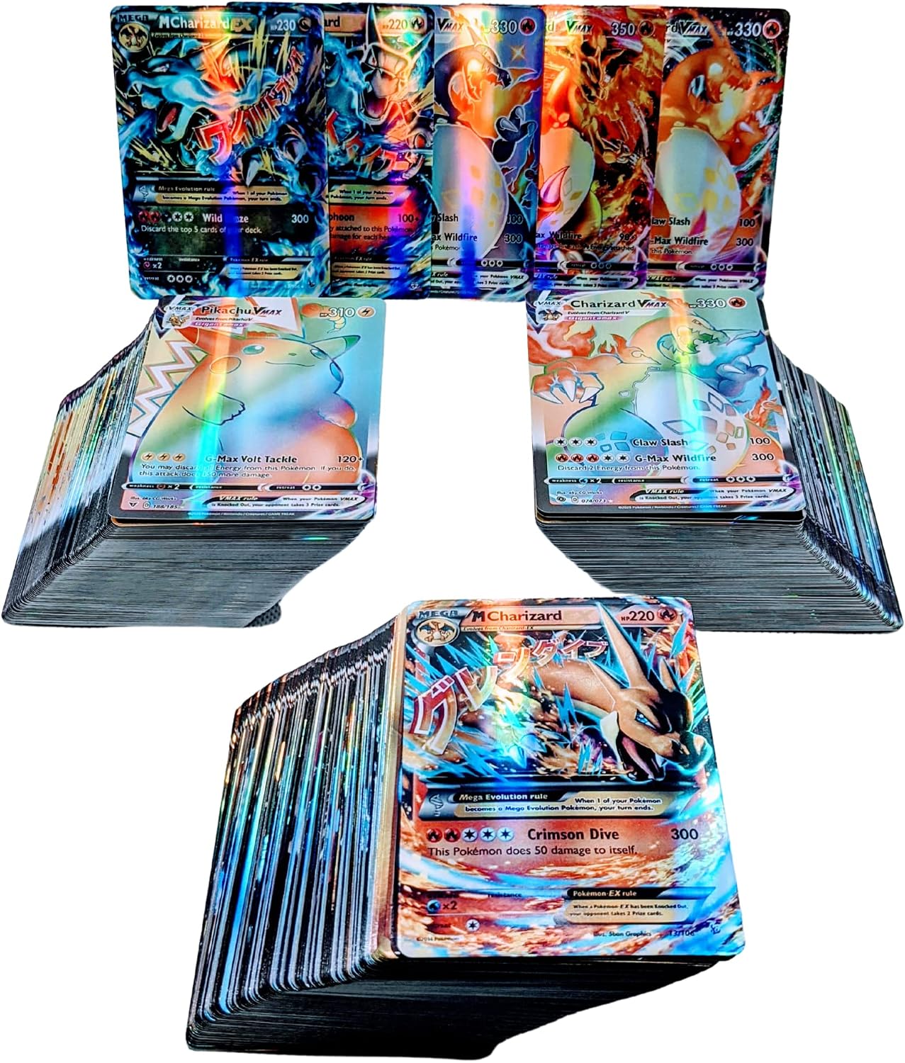 300 Piece Customized Ultra Shiny Halo Foil Holographic Unofficial Pokemon Card Deck - 100 VMAX Cards  7 GX Cards  190 V Cards  3 mega Cards