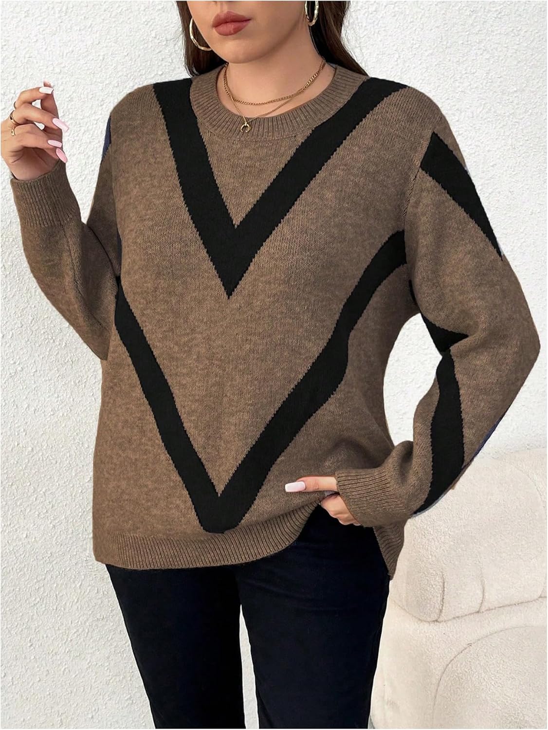 Women's Plus Size Graphic Chunky Sweater Crewneck Long Sleeve Loose Sweaters Fall Pullover Tops - Image 3