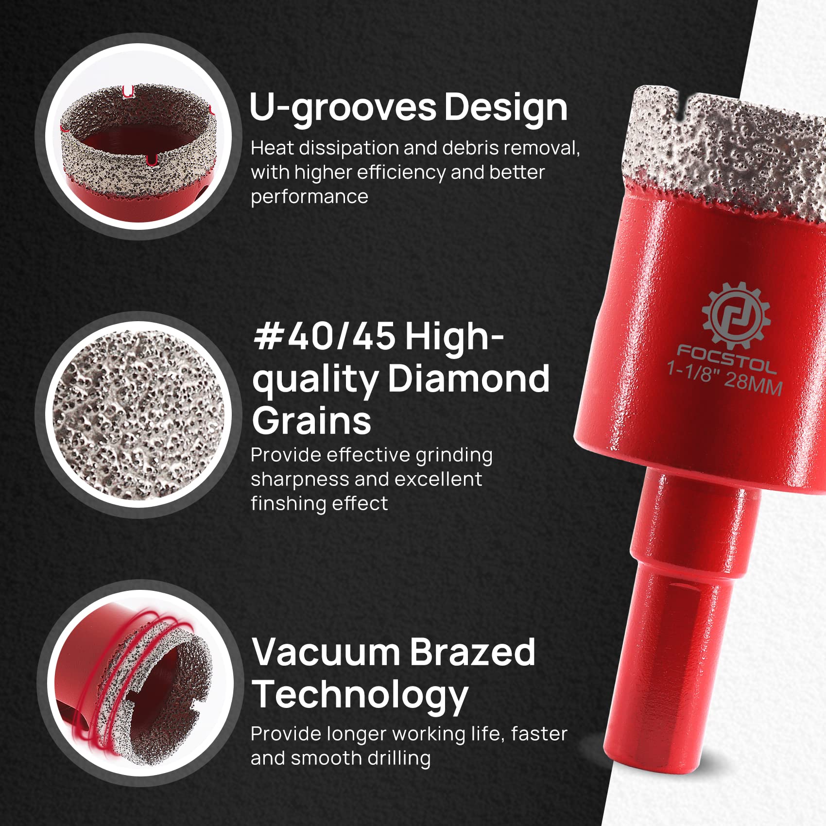 FOCSTOL Diamond Core Drill Bits - 2pcs 28mm Diamond Hole Saw with Triangle Shank for Porcelain Tile Ceramic Granite Marble Quartz - Image 3