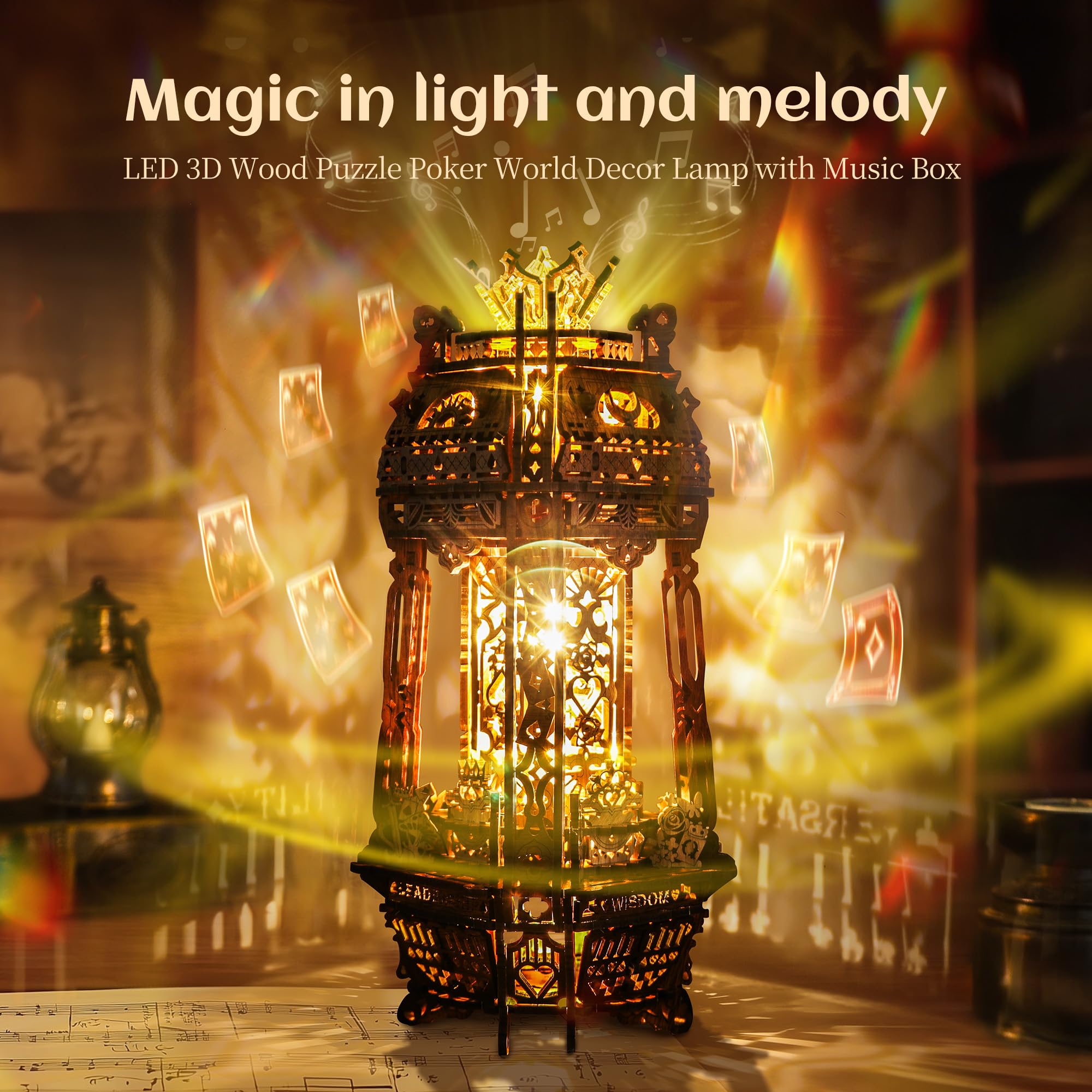 FUNPOLA LED 3D Wood Puzzle Poker World Projector Lamp, DIY Craft Kit with LED Lights and Music Box, Creative Poker-Themed - Image 2