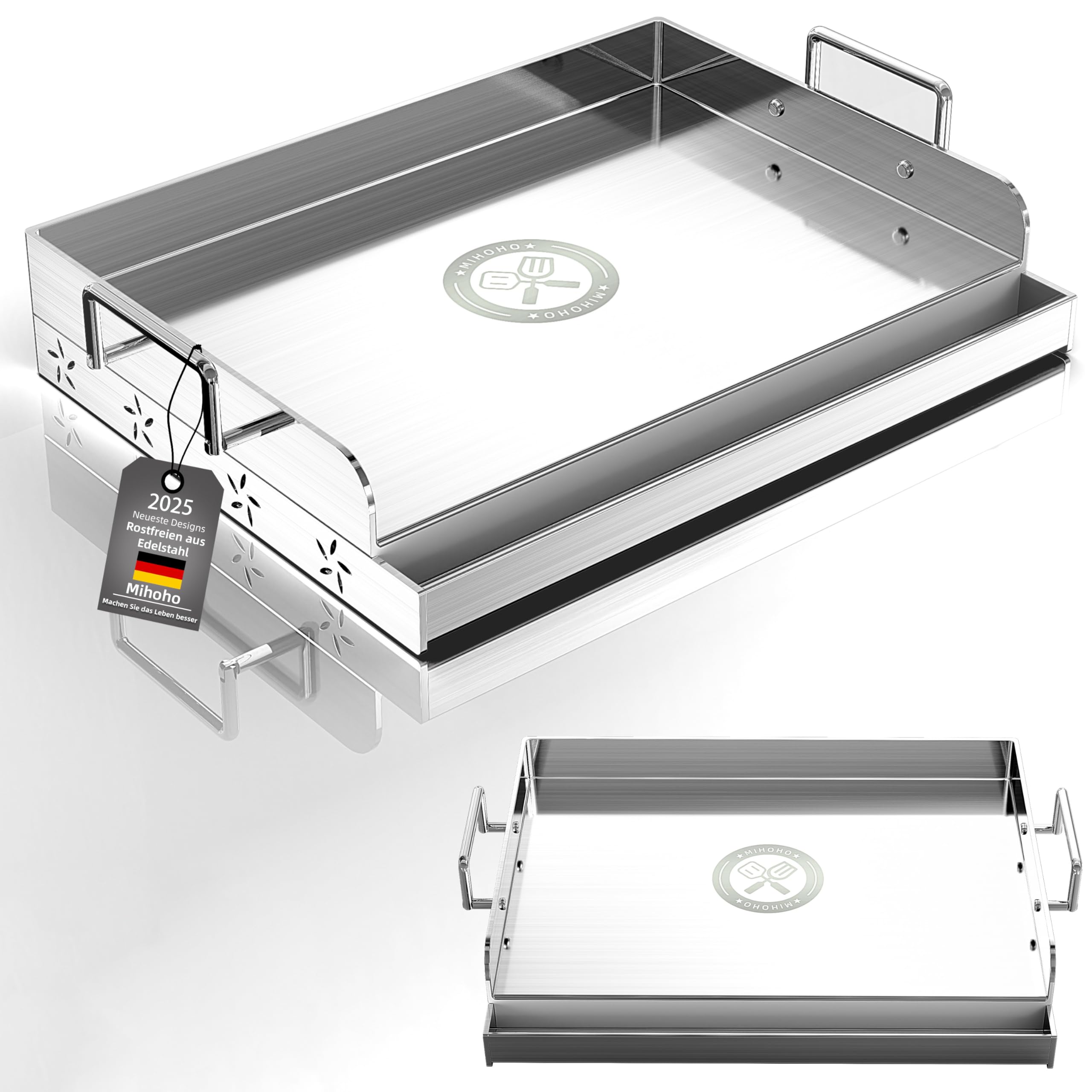 Piastra universale per barbecue Plancha in acciaio inox, con braccio di riscaldamento uniforme, griglia per barbecue a gas e carbone, universale, per barbecue, campeggio, tailgating e feste (44 cm)