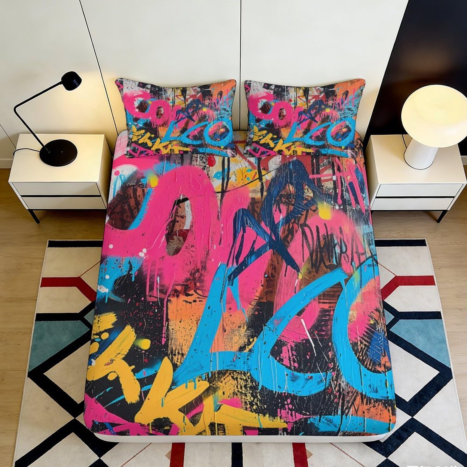 3D Printed Graffiti Pop Art Fitted Sheet Microfiber Colorful Abstract Mattress Cover for Bedroom Dorm Decor 90x200x25cm