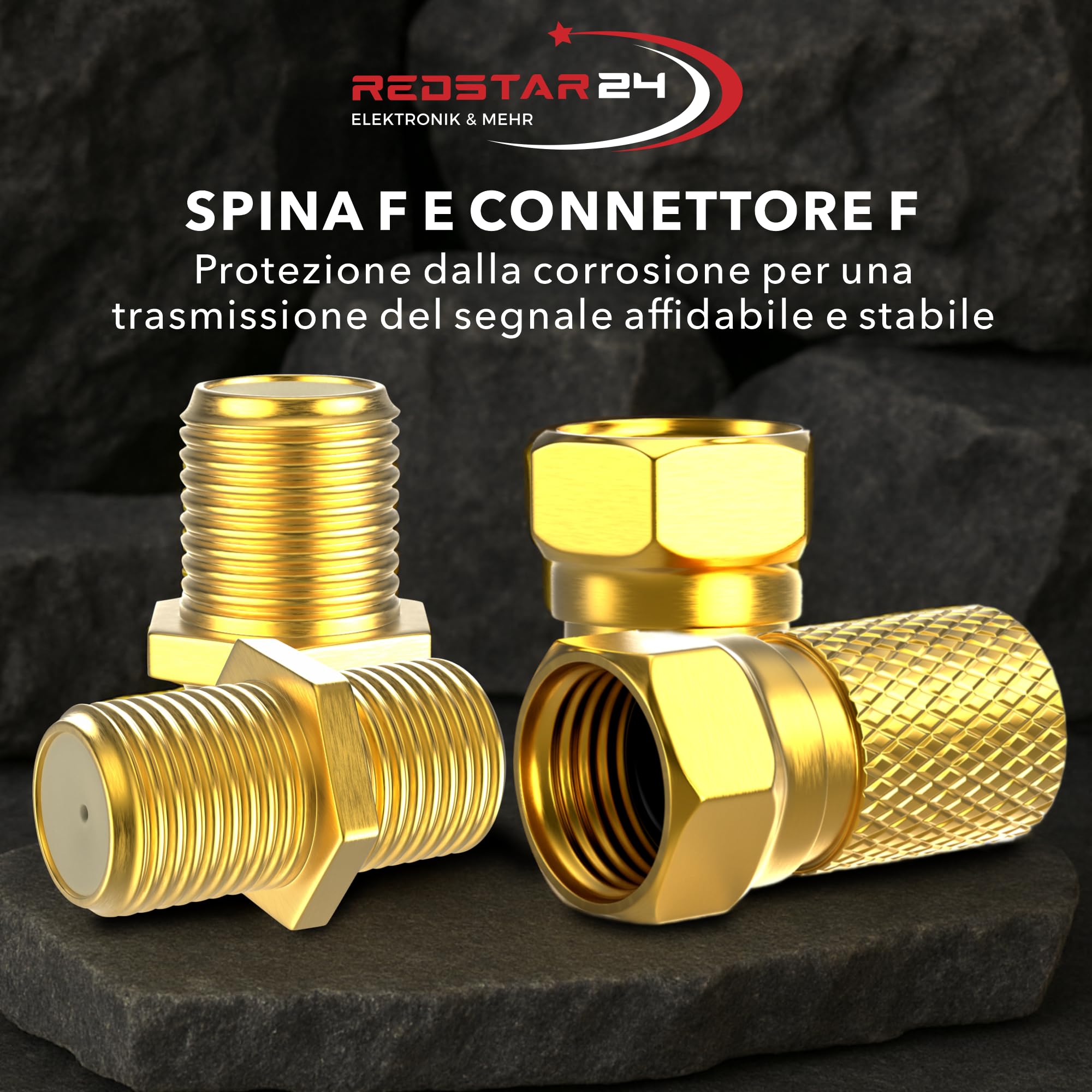 Connettore F 7mm avvitabile | 10 pezzi Connettori + 5 Adattatore F-femmina-femmina | Prolunga Cavo Sat placcati oro | guarnizione in gomma | dado largo | Coassiale Antenna Tv Satellitare