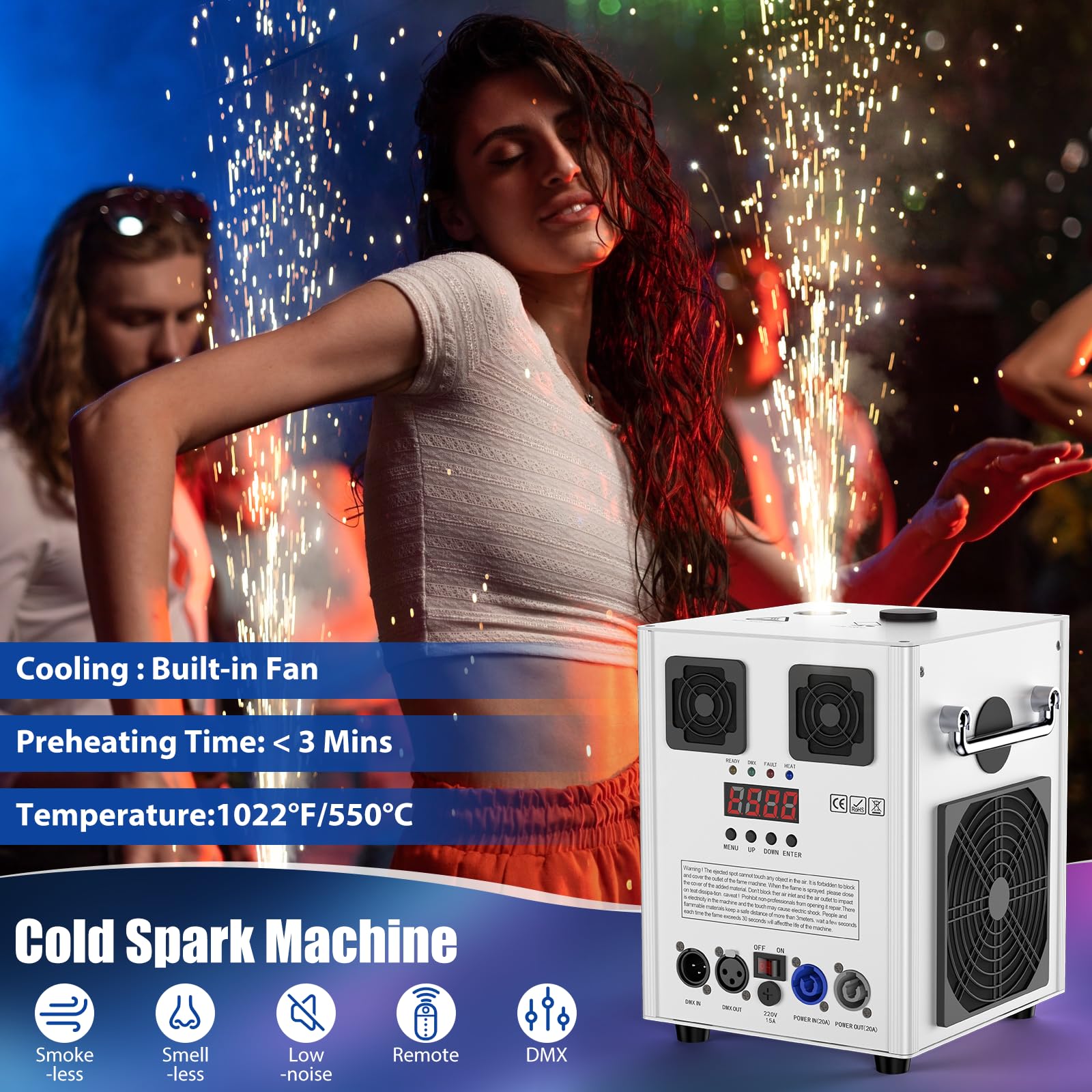 1000W Macchina Pirotecnica, Macchina Effetto Palcoscenico Bianco d-mx512 e Macchina Scintilla Fredda Telecomandata per Matrimonio Festa DJ Palcoscenico (2 Pezzi con Flightcase)