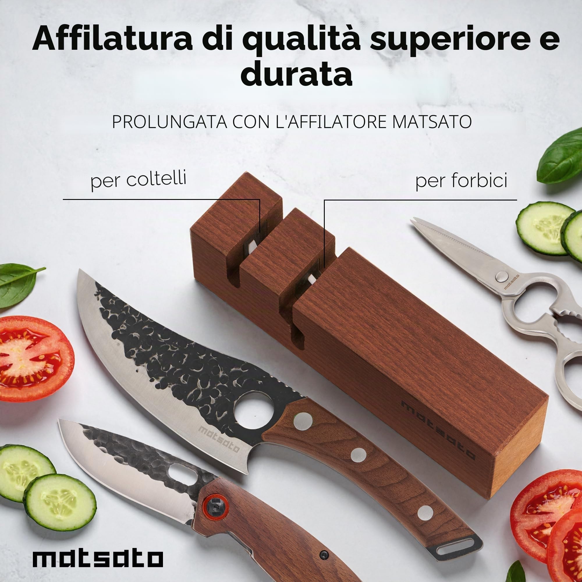 Matsato Affilacoltelli Professionale 2 in 1 - Affila Coltelli Manuale per Coltelli da Cucina e Forbici - Design in Legno di Faggio con Aste in Ceramica