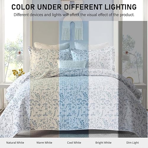 Miniatura 7 de KALOOLA Colchas florales tamaño Queen - Juego de edredón 100% algodón azul, colcha reversible ligera tamaño queen, juego de ropa de cama de granja