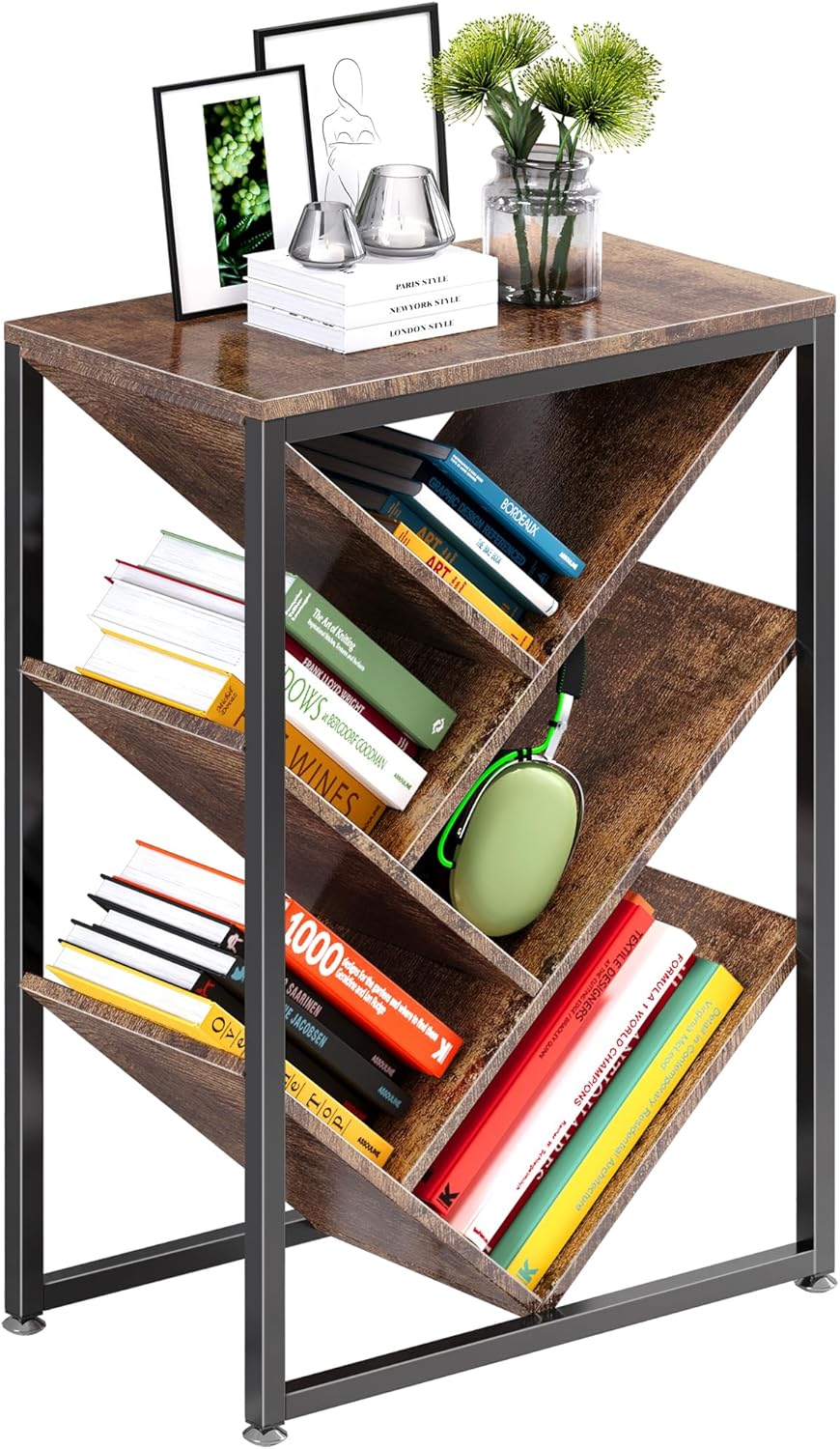 4NM Wide Tree Bookshelf with Storage Space, Standing Bookcase for CD Storage and Magazine Rack, Wooden Book Tree Organizer Shelves for Small Spaces - Rustic Brown